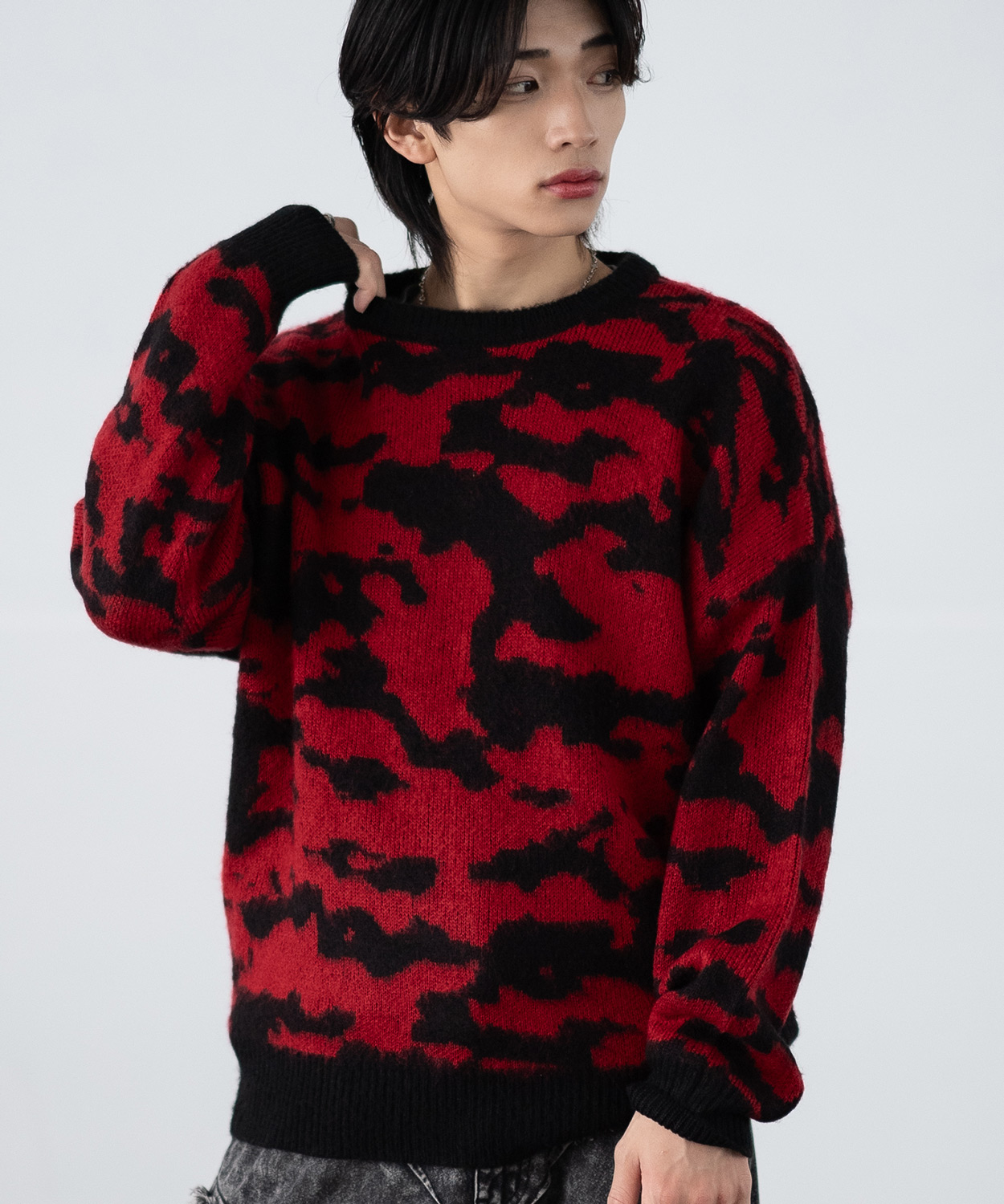 セーター メンズ モヘアタッチ クルーネックニット 無地 チェック ゼブラ ヒョウ柄 迷彩 総柄 アメカジ カジュアル シンプル ストリート スケーター 韓国 | improves | 21