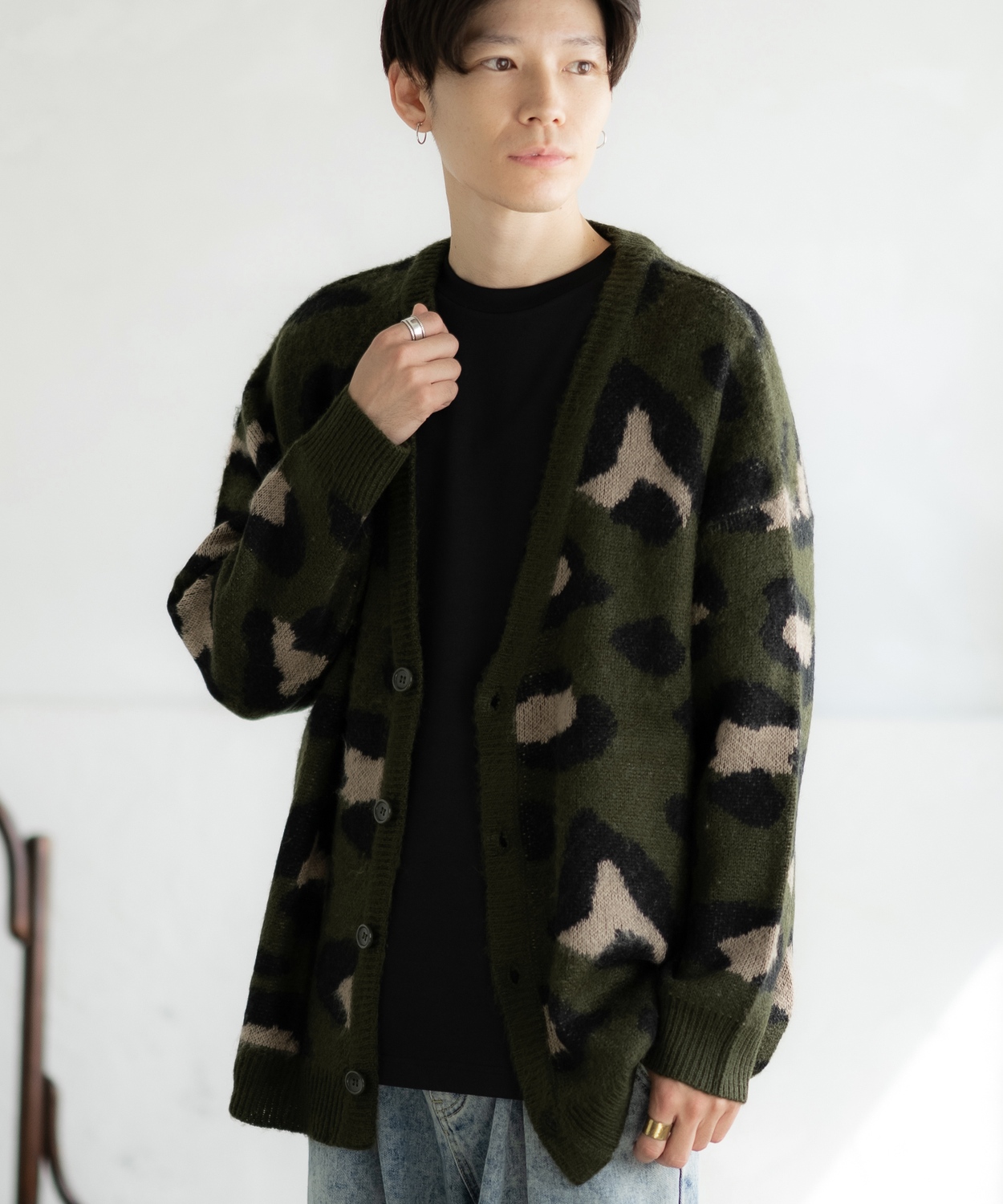 カーディガン メンズ モヘアタッチ Vネックニット 無地 チェック ヒョウ柄 迷彩 総柄 アメカジ カジュアル シンプル ストリート スケーター 韓国 | improves | 06