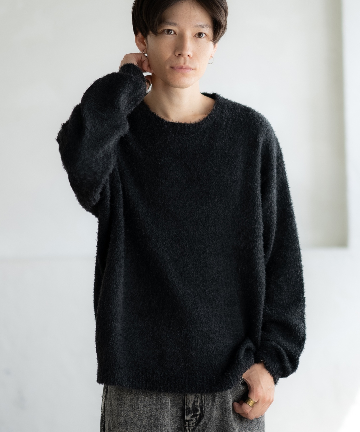 セーター メンズ フェザーヤーン クルーネックニット 無地 ボーダー 総柄 アメカジ カジュアル シンプル ストリート スケーター 韓国ファッション | improves | 03