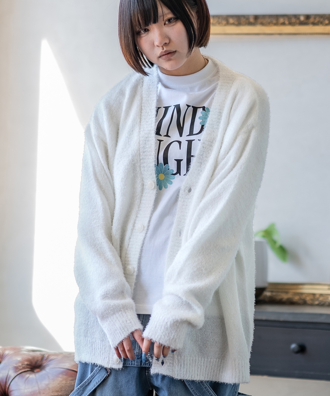 カーディガン メンズ フェザーヤーン Vネックニット 無地 オーバーサイズ アメカジ カジュアル シンプル ストリート スケーター 韓国 | improves | 02