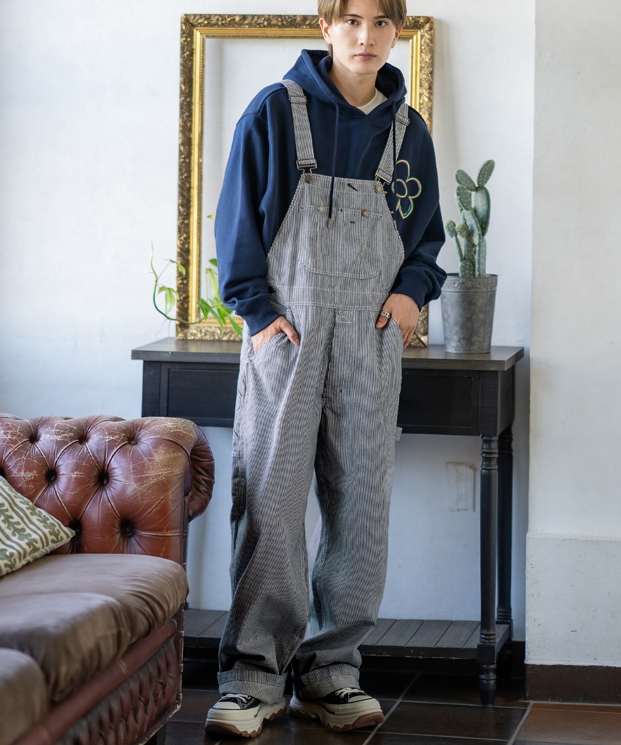 オーバーオール メンズ サロペット デニム ジーンズ ヒッコリー ワイド ゆったり アメカジ カジュアル ワーク ストリート 古着MIX ブルー ネイビー キャメル | improves | 03