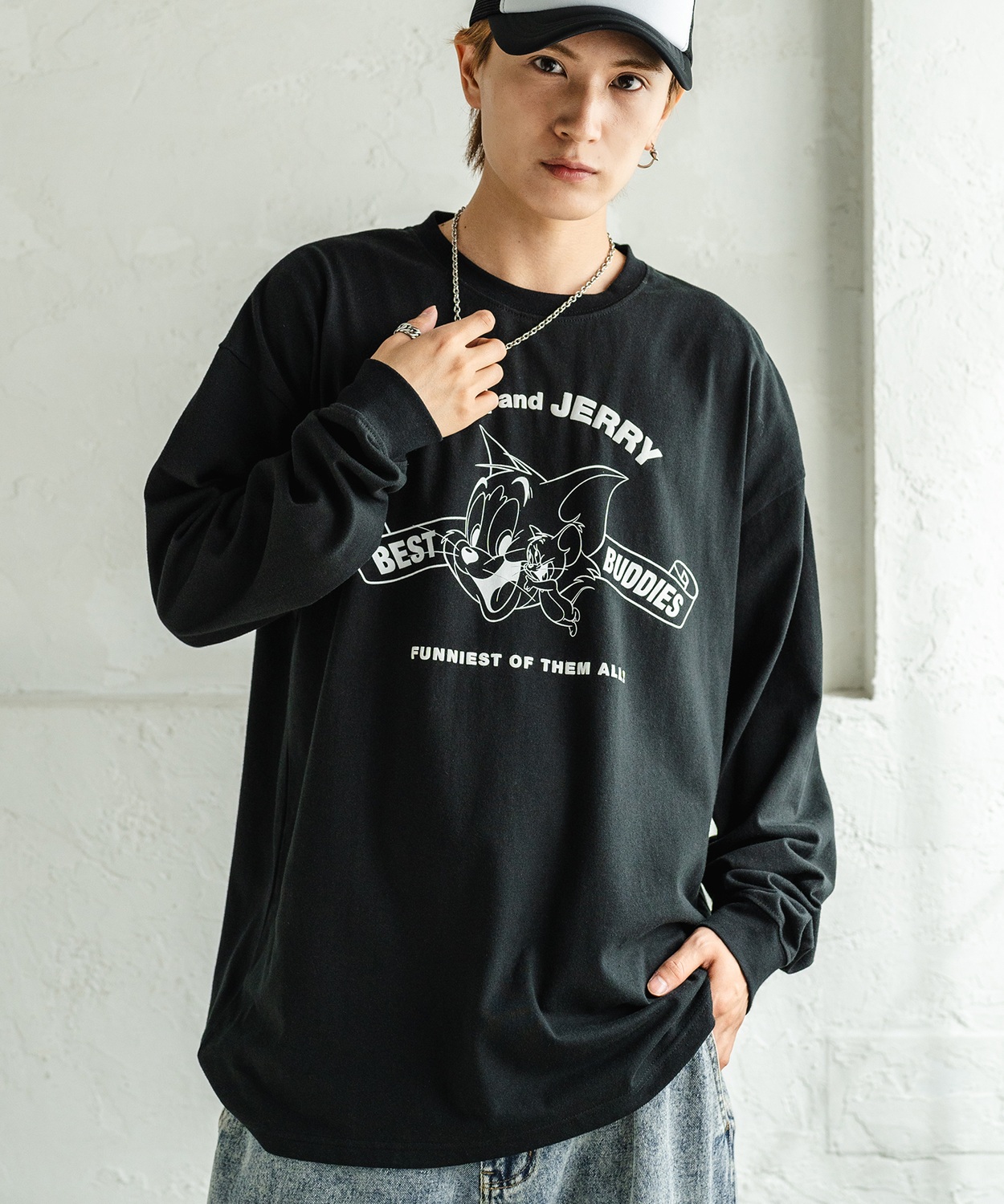 長袖Tシャツ メンズ TOM&JERRY トムとジェリー プリント カットソー ロンT カートゥーン 大きめ アメカジ カジュアル スケーター ストリート 古着MIX | improves | 01