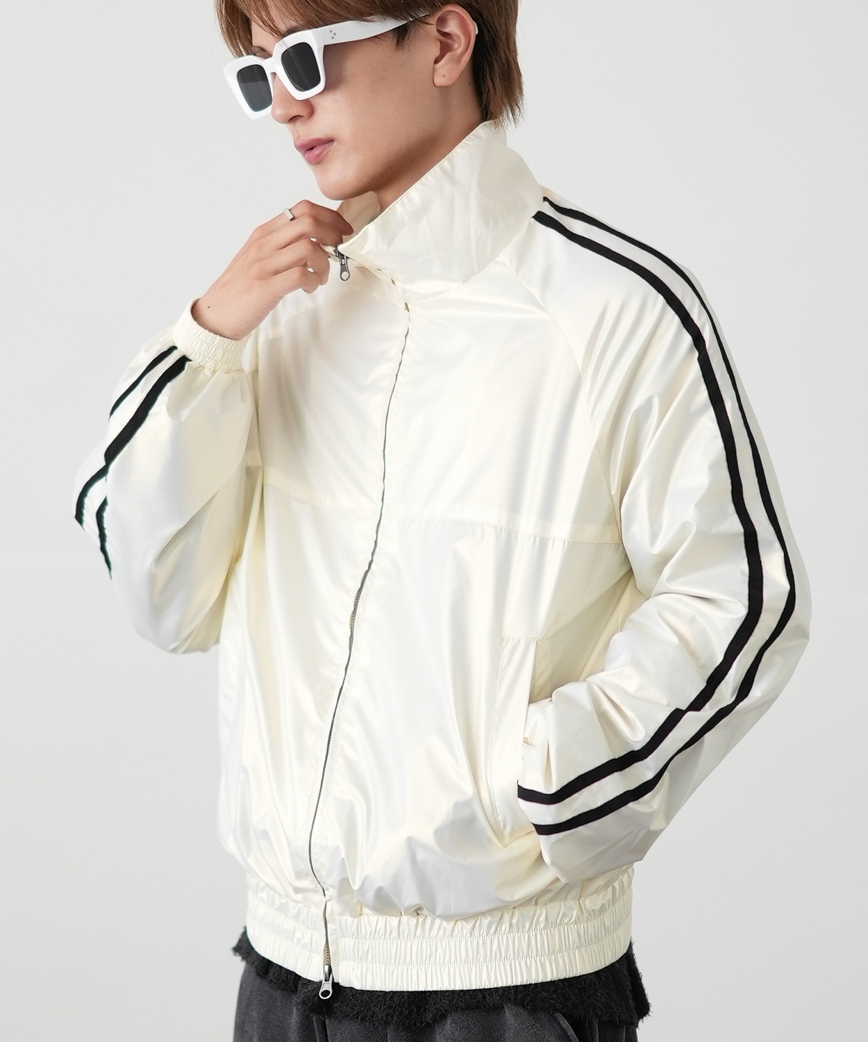 トラックジャケット メンズ シャイニー スタンドカラー ラインジャケット ブルゾン ウィンドブレーカー アウター スケーター ストリート 古着MIX 韓国 | improves | 01