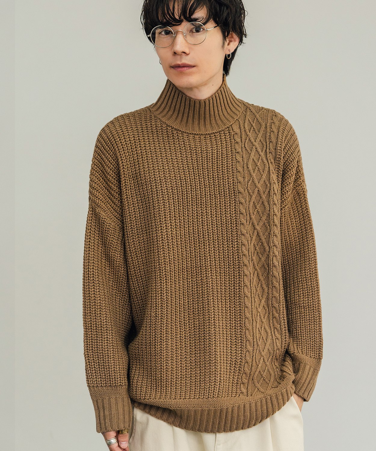 セーター メンズ ケーブル編み ボトルネックニット モックネック タートルネック 無地 アクリル  アメカジ カジュアル シンプル ストリート スケーター 韓国 | improves | 01