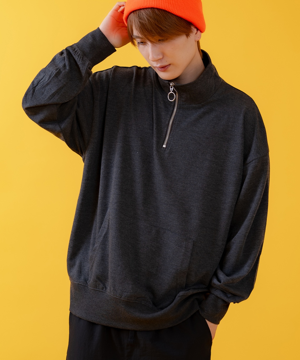 トレーナー メンズ ライトスウェット ハーフジップ スウェットシャツ 部屋着 シンプル カジュアル アメカジ ストリート スケーター ブラック チャコール グレー | improves | 04