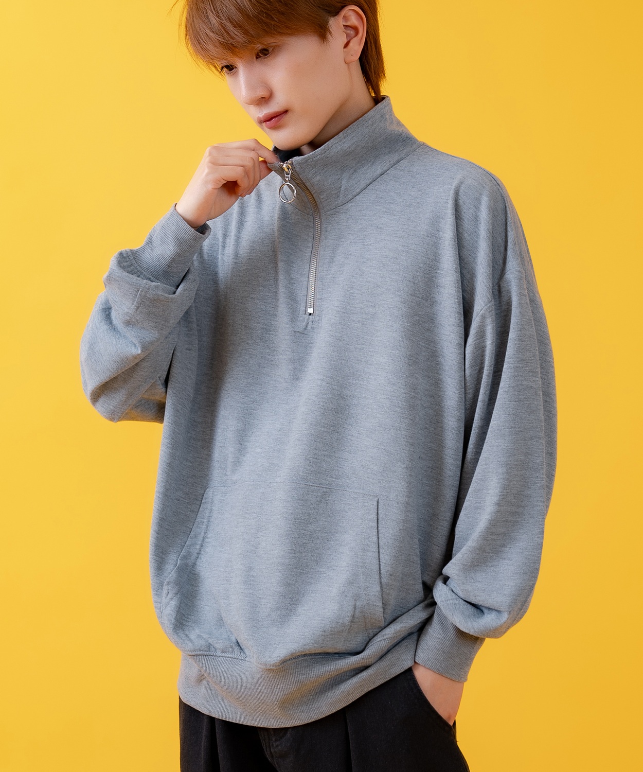 トレーナー メンズ ライトスウェット ハーフジップ スウェットシャツ 部屋着 シンプル カジュアル アメカジ ストリート スケーター ブラック チャコール グレー | improves | 02