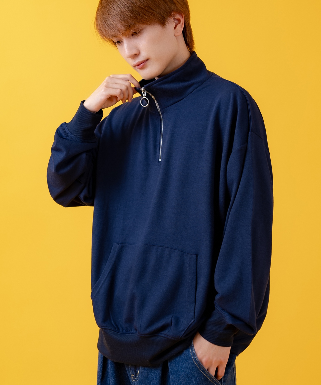 トレーナー メンズ ライトスウェット ハーフジップ スウェットシャツ 部屋着 シンプル カジュアル アメカジ ストリート スケーター ブラック チャコール グレー | improves | 03