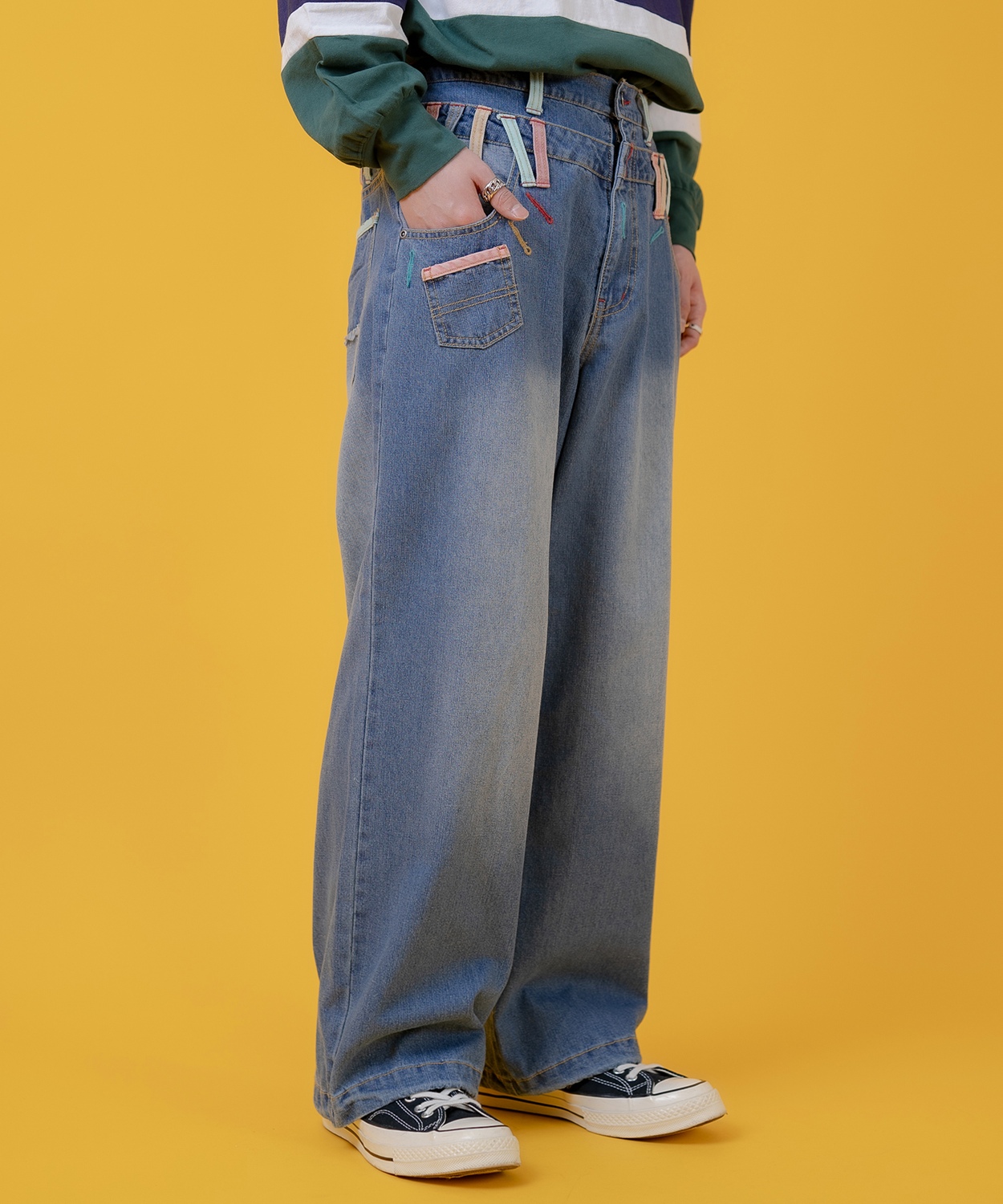 デニムパンツ メンズ アメカジ カジュアル  ダブルウエス ト デザインパンツ バギーパンツ ワイドパンツ スケーター ストリート 古着MIX 韓国 | improves | 01