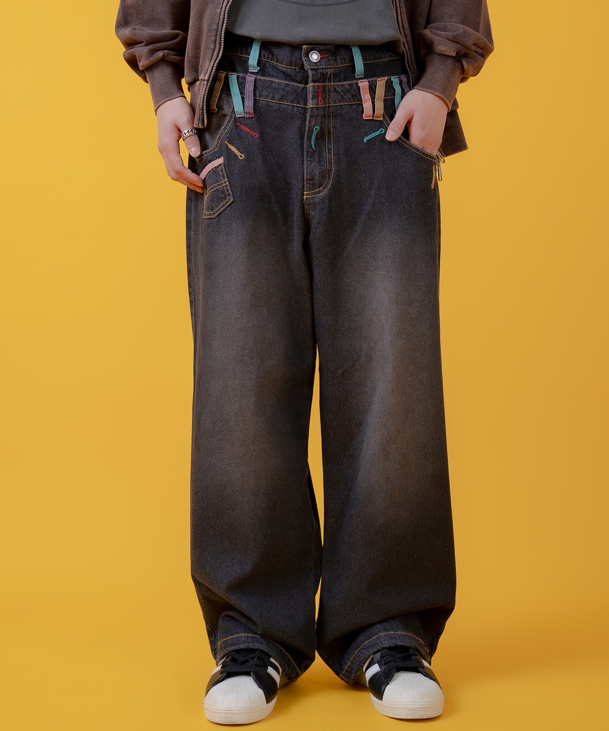 デニムパンツ メンズ アメカジ カジュアル  ダブルウエス ト デザインパンツ バギーパンツ ワイドパンツ スケーター ストリート 古着MIX 韓国 | improves | 02