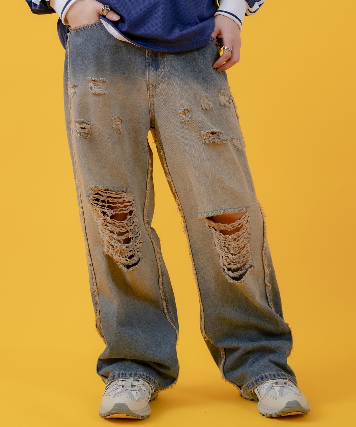 デニムパンツ メンズ レディース グランジ加工 グラデーション フリンジパンツ ワイドパンツ アメカジ カジュアル スケーター ストリート 古着MIX 韓国 | improves | 01