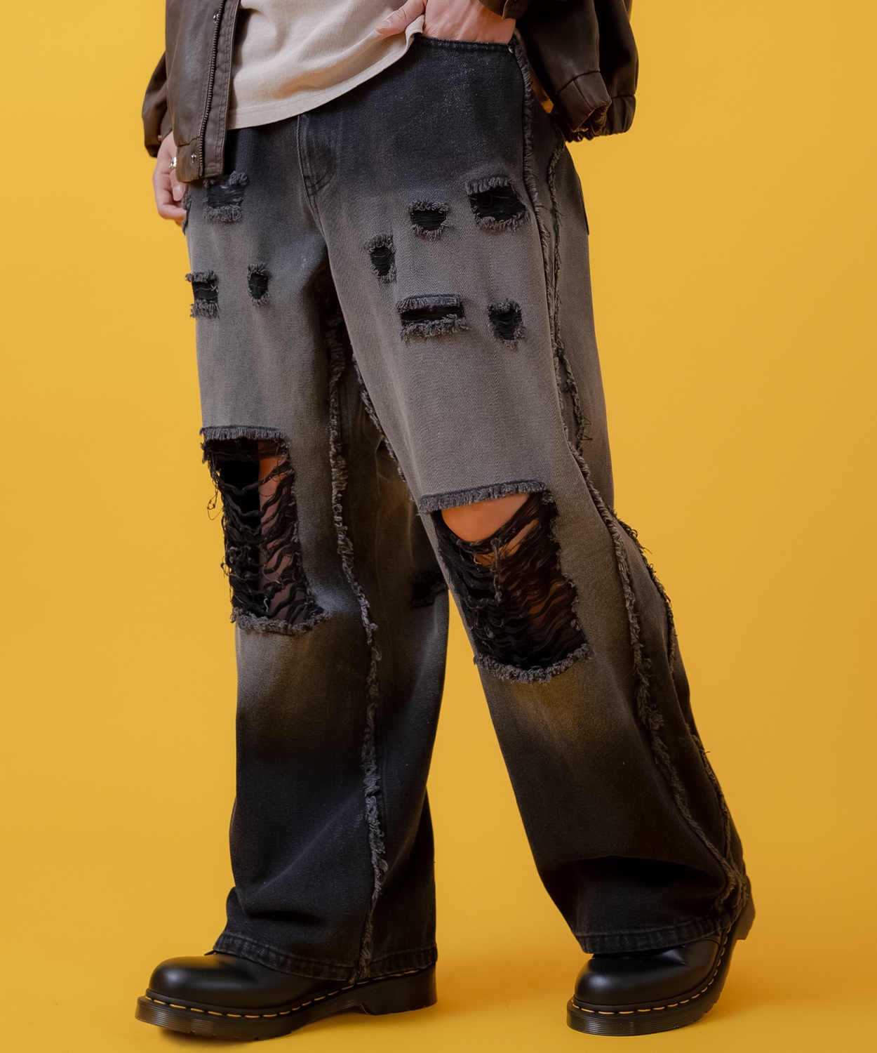 デニムパンツ メンズ レディース グランジ加工 グラデーション フリンジパンツ ワイドパンツ アメカジ カジュアル スケーター ストリート 古着MIX 韓国 | improves | 02