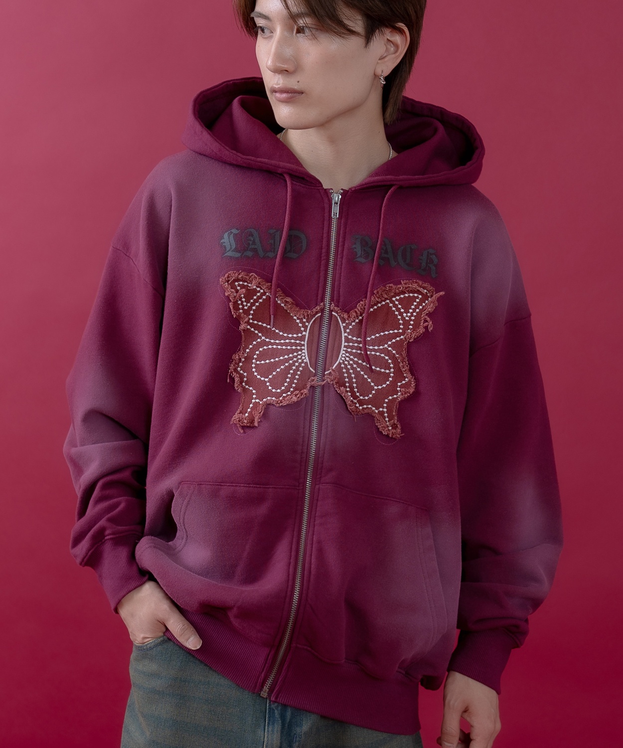 パーカー メンズ レディース フリンジ加工 裏毛  ジップパーカー バタフライ スウェット アメカジ カジュアル スケーター ストリート 古着MIX 韓国ファッション | improves | 02