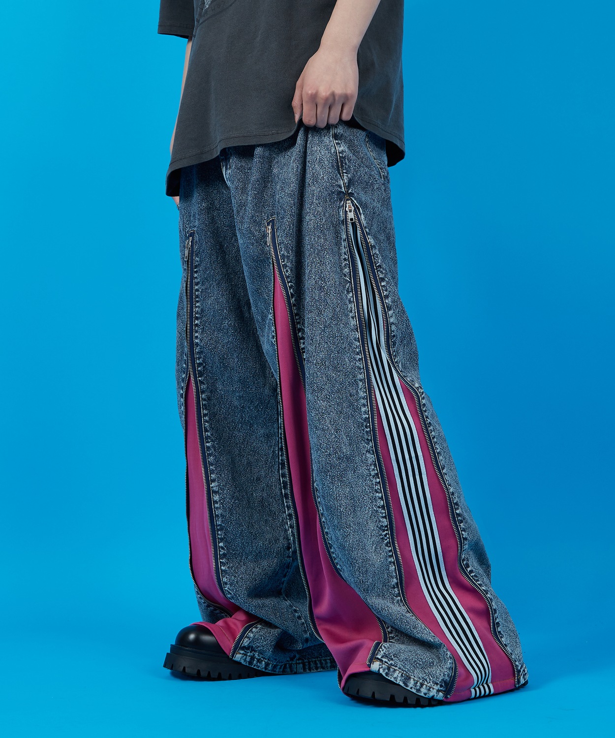 デニムパンツ メンズ ウォッシュド サイドライン　ジップ ワイドパンツバギーパンツ デニム ジーンズ アメカジ カジュアル ストリート スケーター 韓国 | improves | 01