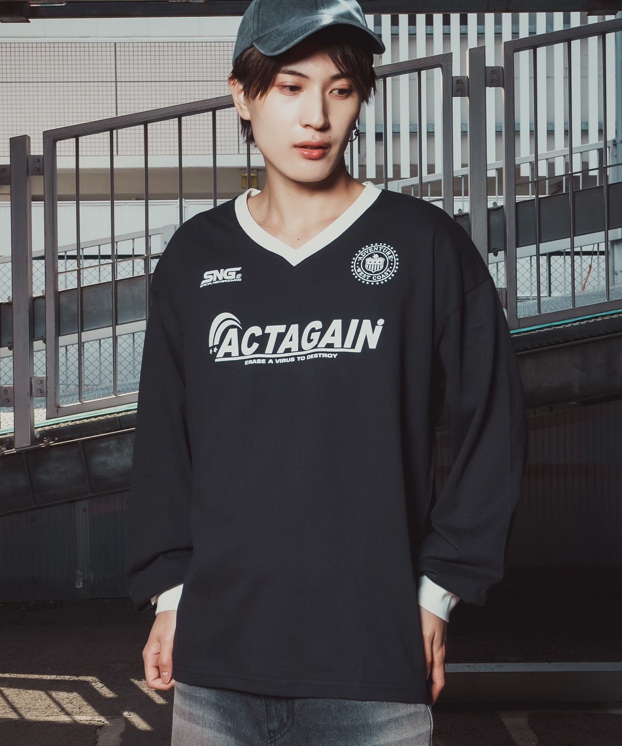 長袖Tシャツ メンズ ゲームシャツ Vネック カットソー 大きめ アメカジ カジュアル ストリート ブラック チャコール グレー パープル ホワイト | improves | 06