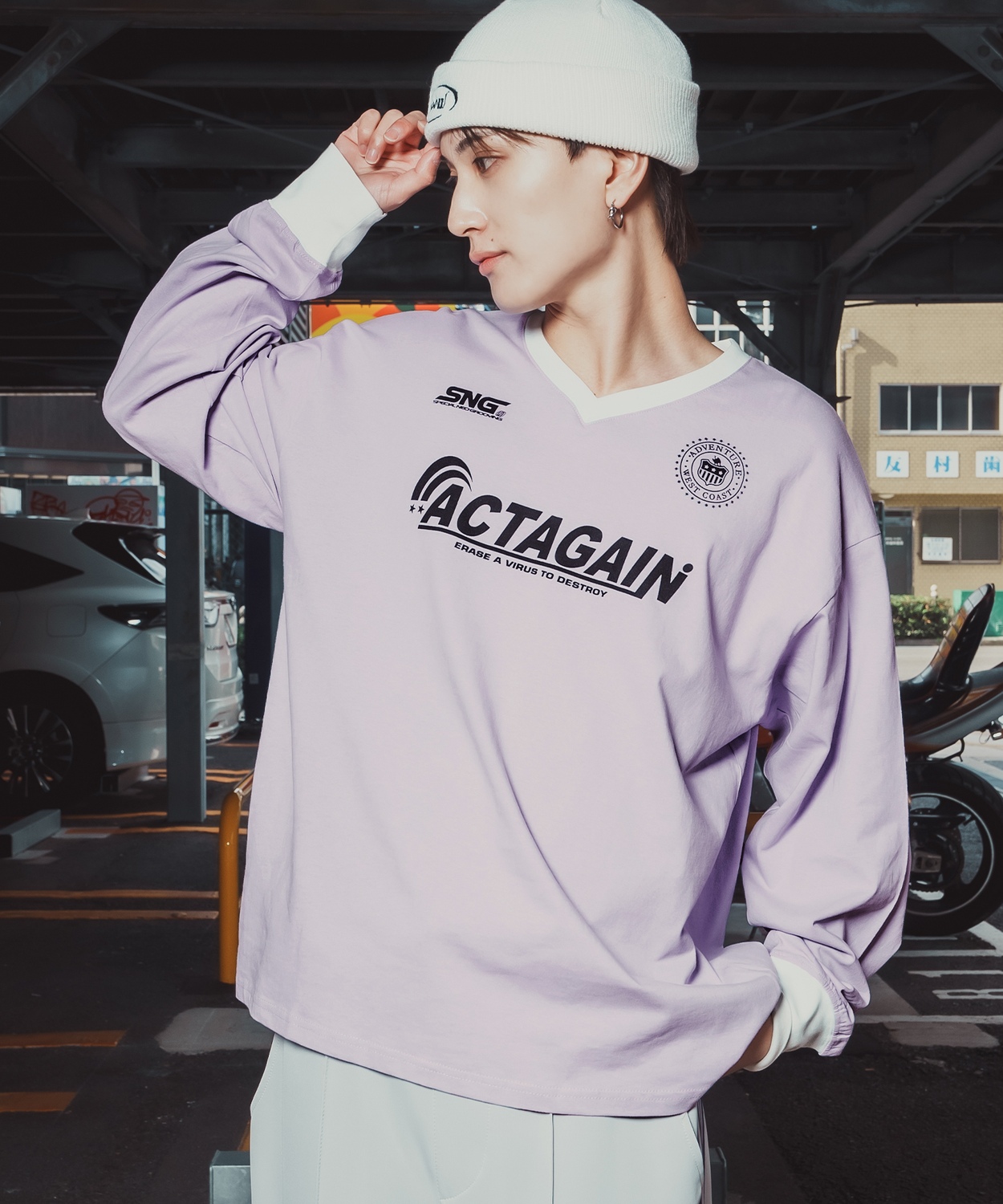長袖Tシャツ メンズ ゲームシャツ Vネック カットソー 大きめ アメカジ カジュアル ストリート ブラック チャコール グレー パープル ホワイト | improves | 05