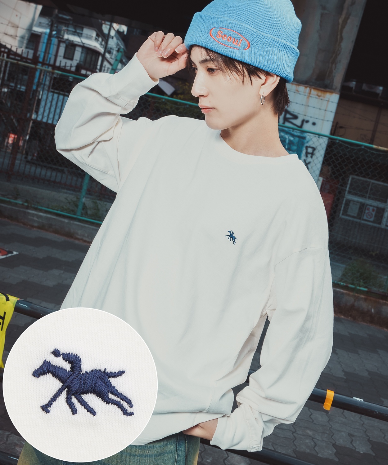 長袖Tシャツ メンズ POLO CHAMPS ワンポイント刺しゅう ポニー カットソー 大きめ カジュアル ストリート ブラック チャコール グレー ネイビー ホワイト | improves | 01