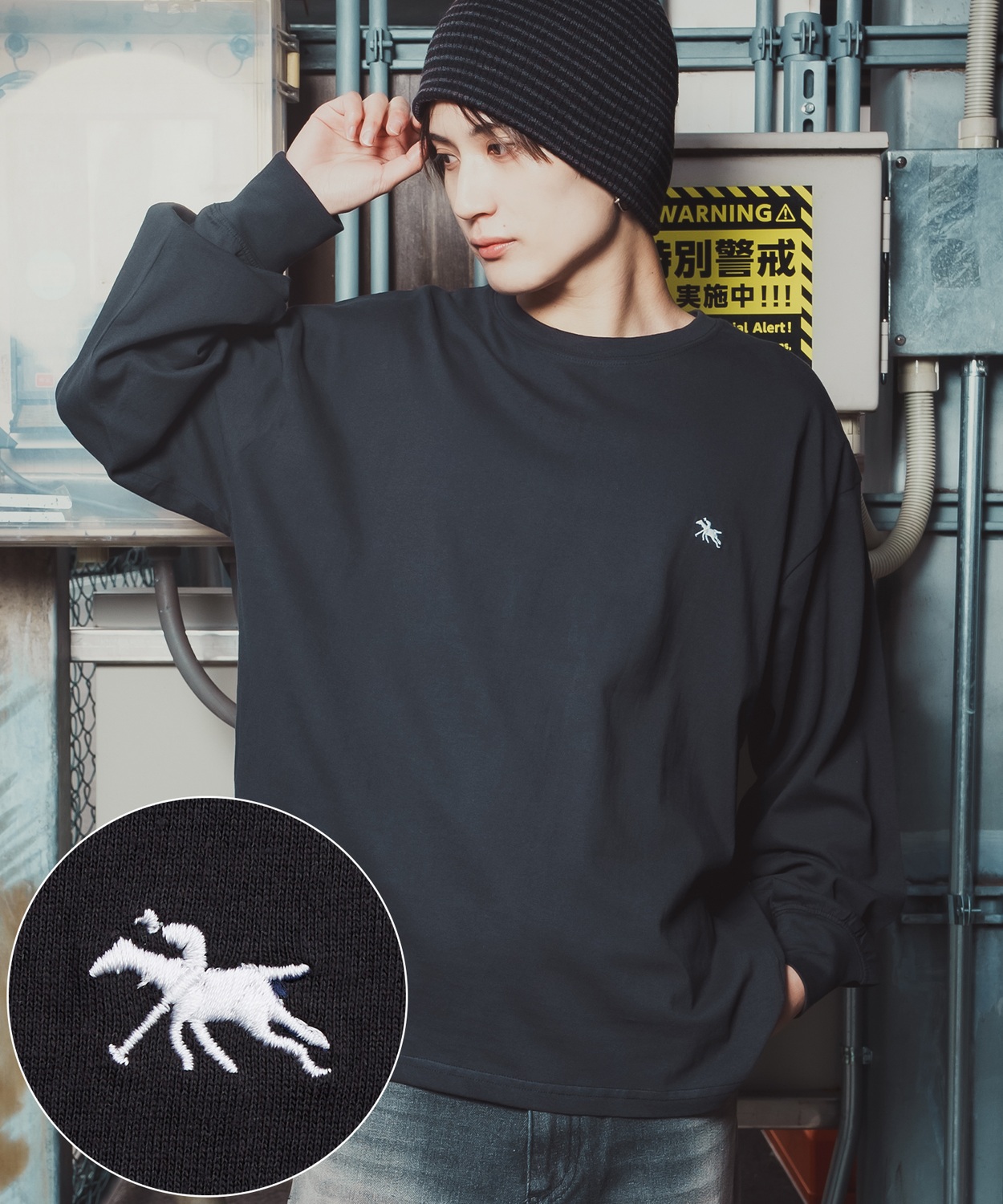 長袖Tシャツ メンズ POLO CHAMPS ワンポイント刺しゅう ポニー カットソー 大きめ カジュアル ストリート ブラック チャコール グレー ネイビー ホワイト | improves | 05