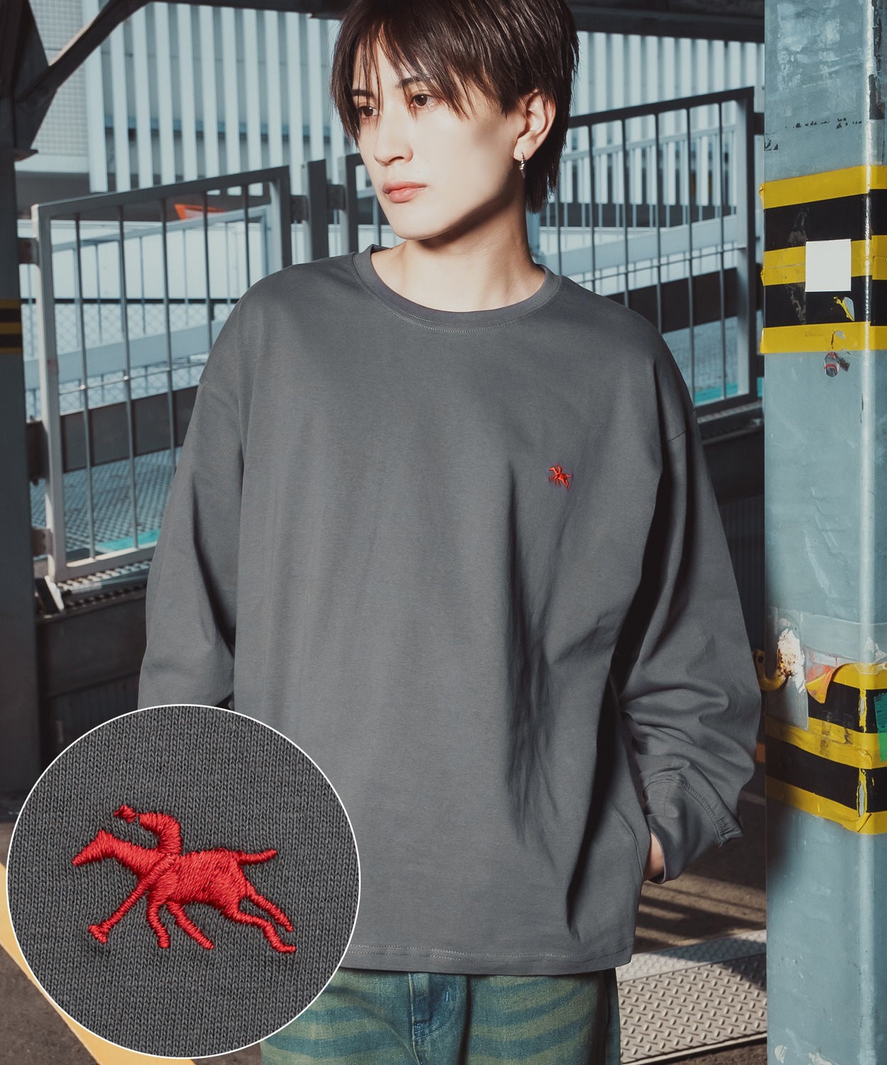 長袖Tシャツ メンズ POLO CHAMPS ワンポイント刺しゅう ポニー カットソー 大きめ カジュアル ストリート ブラック チャコール グレー ネイビー ホワイト | improves | 04