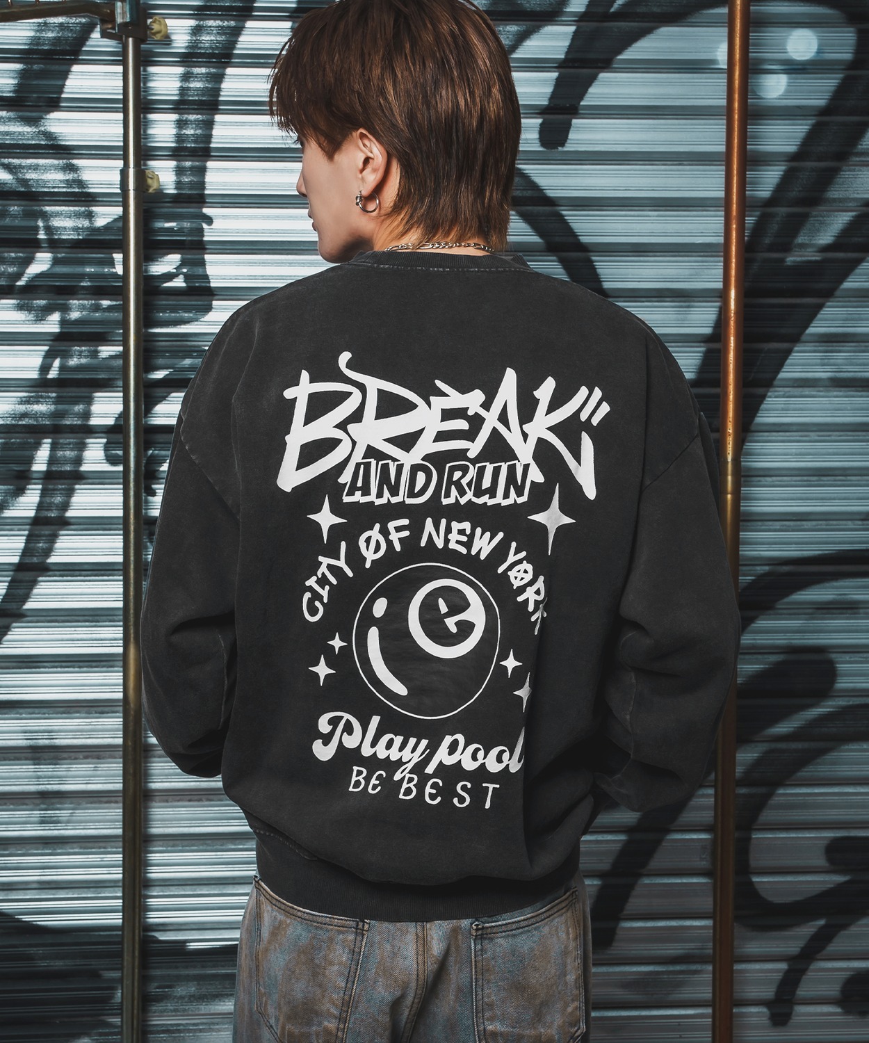 トレーナー メンズ CVC 半起毛 スウェット クルーネック 長袖 プリント ワンポイント ストリート スケーター 古着MIX 韓国ファッション ブラック | improves | 02