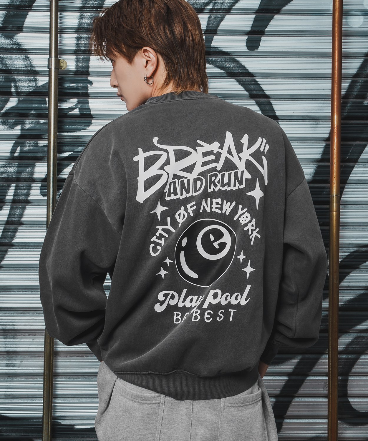 トレーナー メンズ CVC 半起毛 スウェット クルーネック 長袖 プリント ワンポイント ストリート スケーター 古着MIX 韓国ファッション ブラック | improves | 01