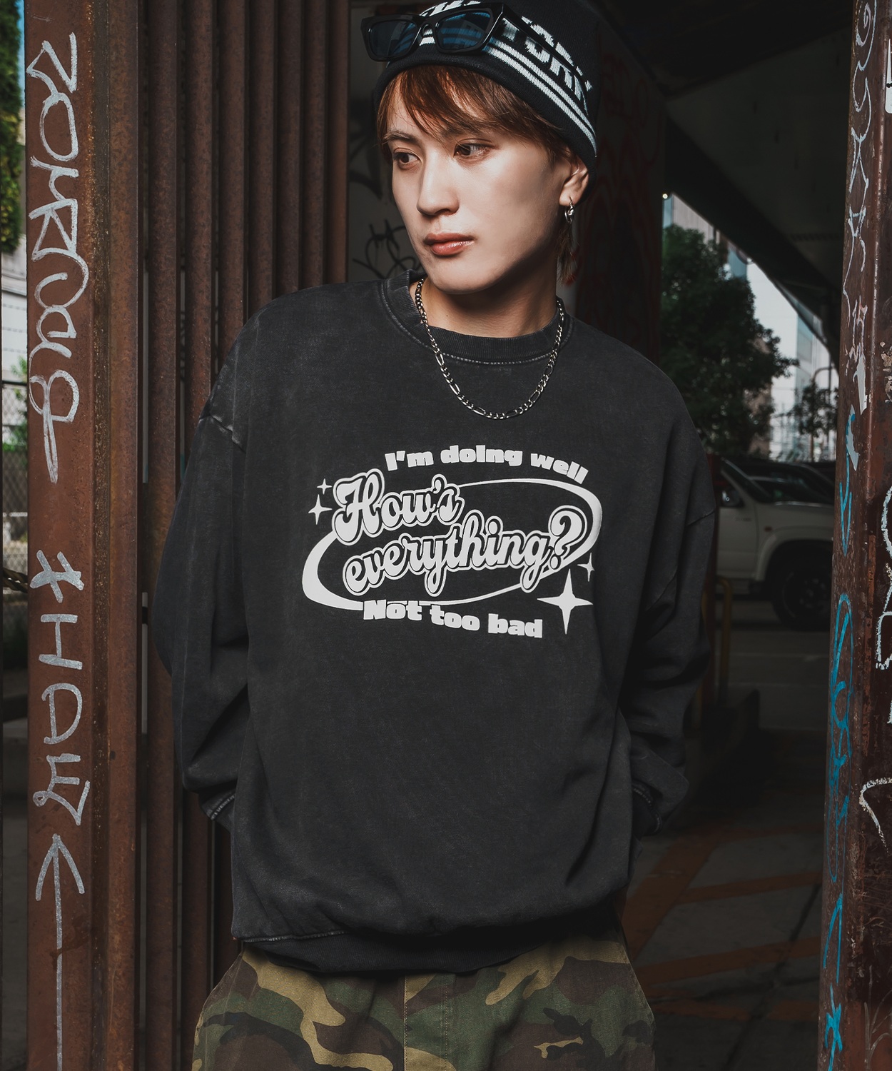 トレーナー メンズ CVC 半起毛 スウェット クルーネック 長袖 プリント ストリート スケーター 古着MIX 韓国ファッション ブラック | improves | 02