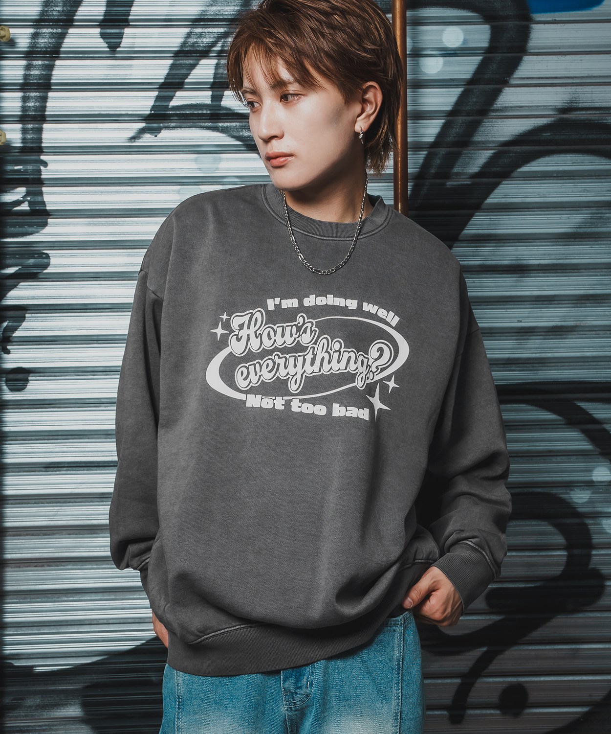 トレーナー メンズ CVC 半起毛 スウェット クルーネック 長袖 プリント ストリート スケーター 古着MIX 韓国ファッション ブラック | improves | 01