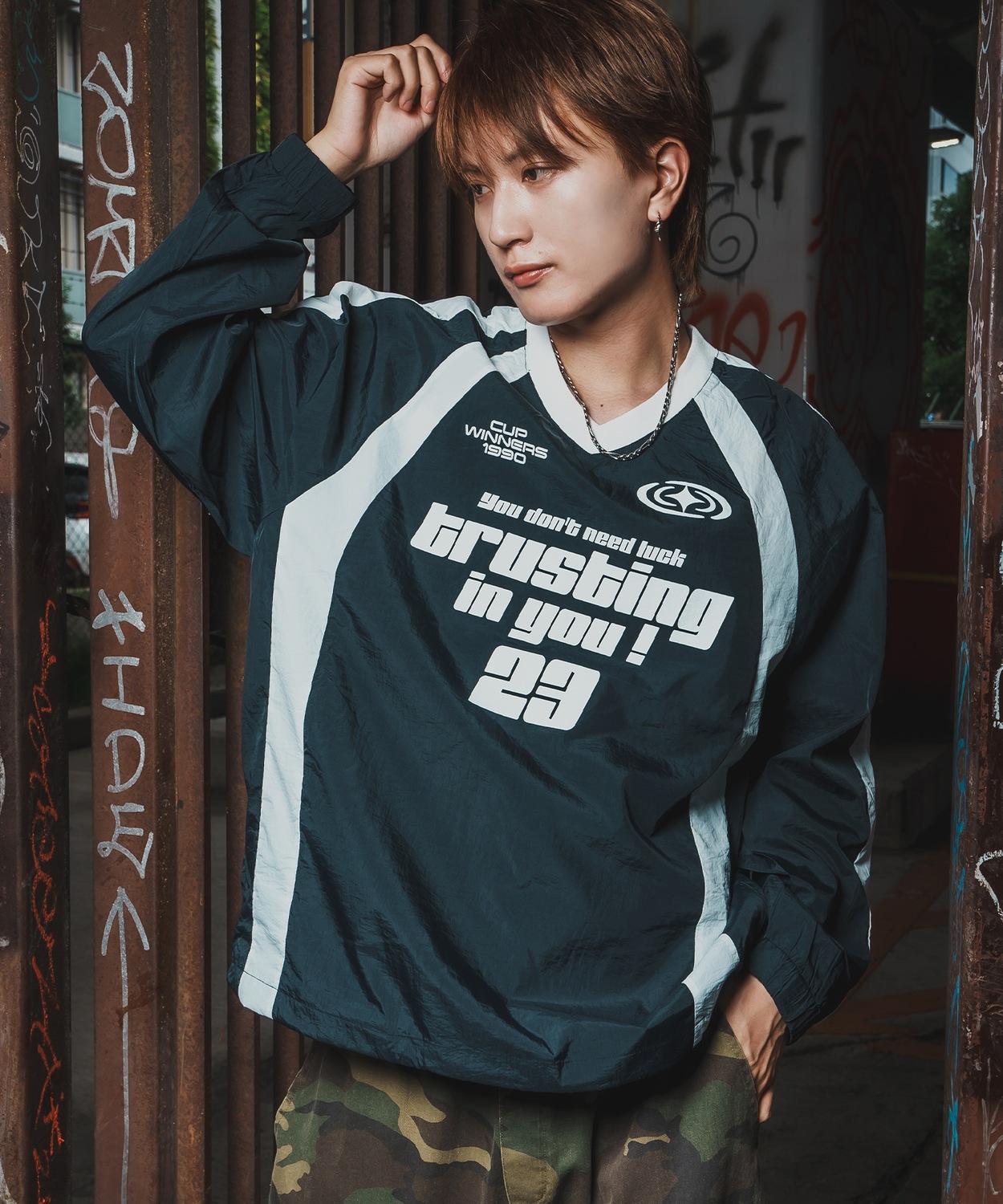 プルオーバー メンズ ナイロン Vネック ゲームシャツ モノクロ スポーツ テック系 ストリート カジュアル 韓国ファッション 古着MIX | improves | 02