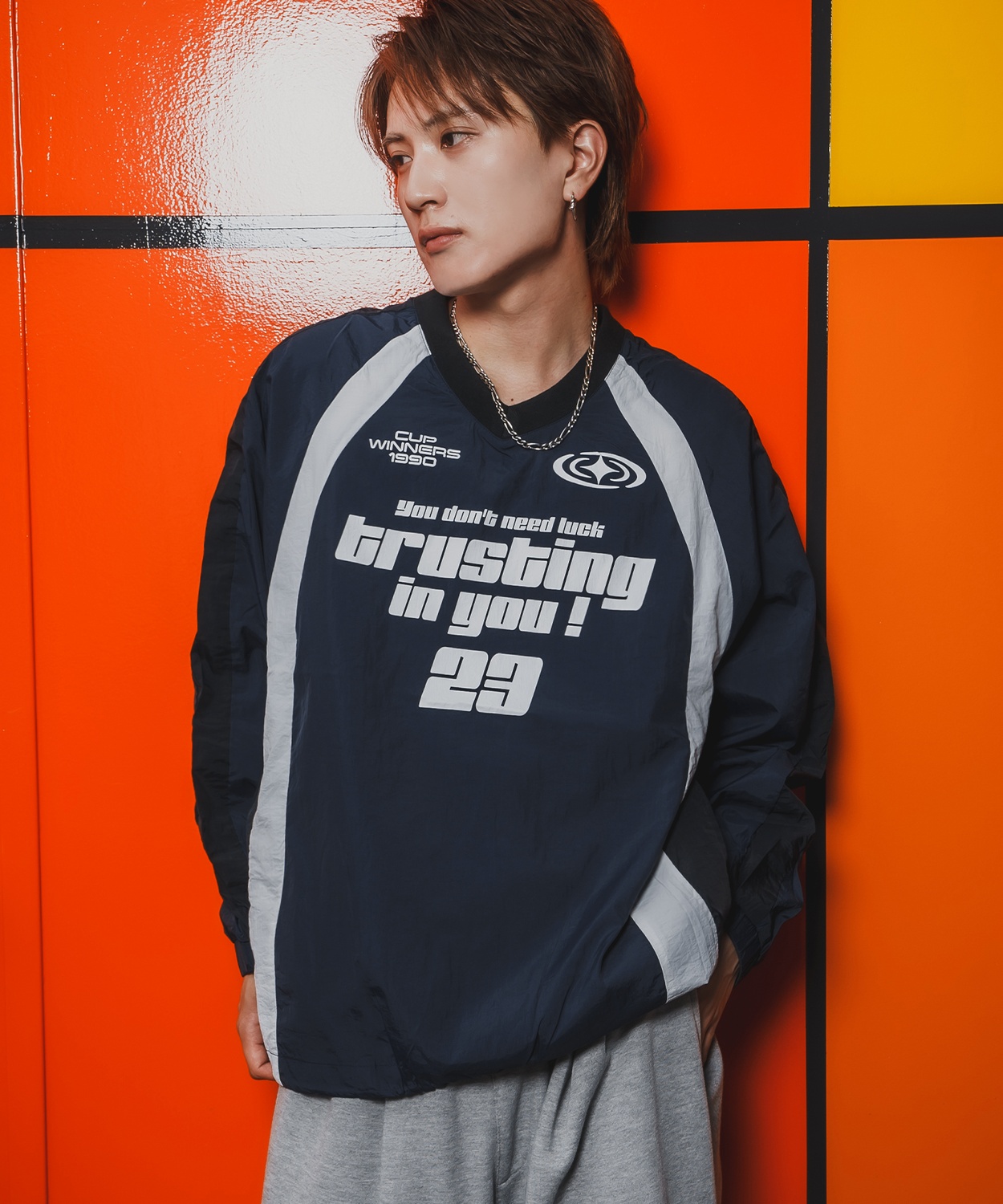 プルオーバー メンズ ナイロン Vネック ゲームシャツ モノクロ スポーツ テック系 ストリート カジュアル 韓国ファッション 古着MIX | improves | 03