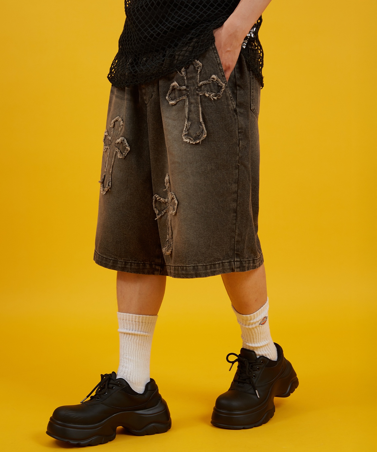 デニムパンツ メンズ クロスパッチ フリンジ ウォッシュ ワイドパンツ ショートパンツ デニム 西海岸 アメカジ カジュアル スケーター ストリート 古着MIX 韓国 | improves | 02