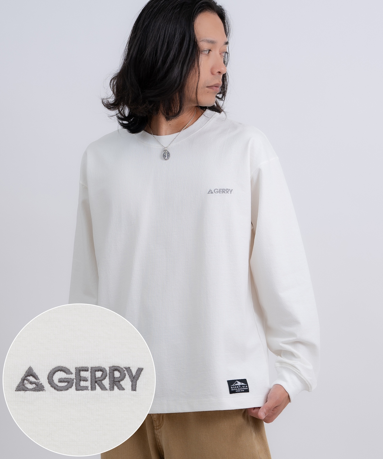 長袖Tシャツ メンズ GERRY ジェリー カットソー ワンポイント ピスネーム 高ストレッチ性 アウトドア ストリート アメカジ 古着MIX ホワイト ブラック | GERRY | 01