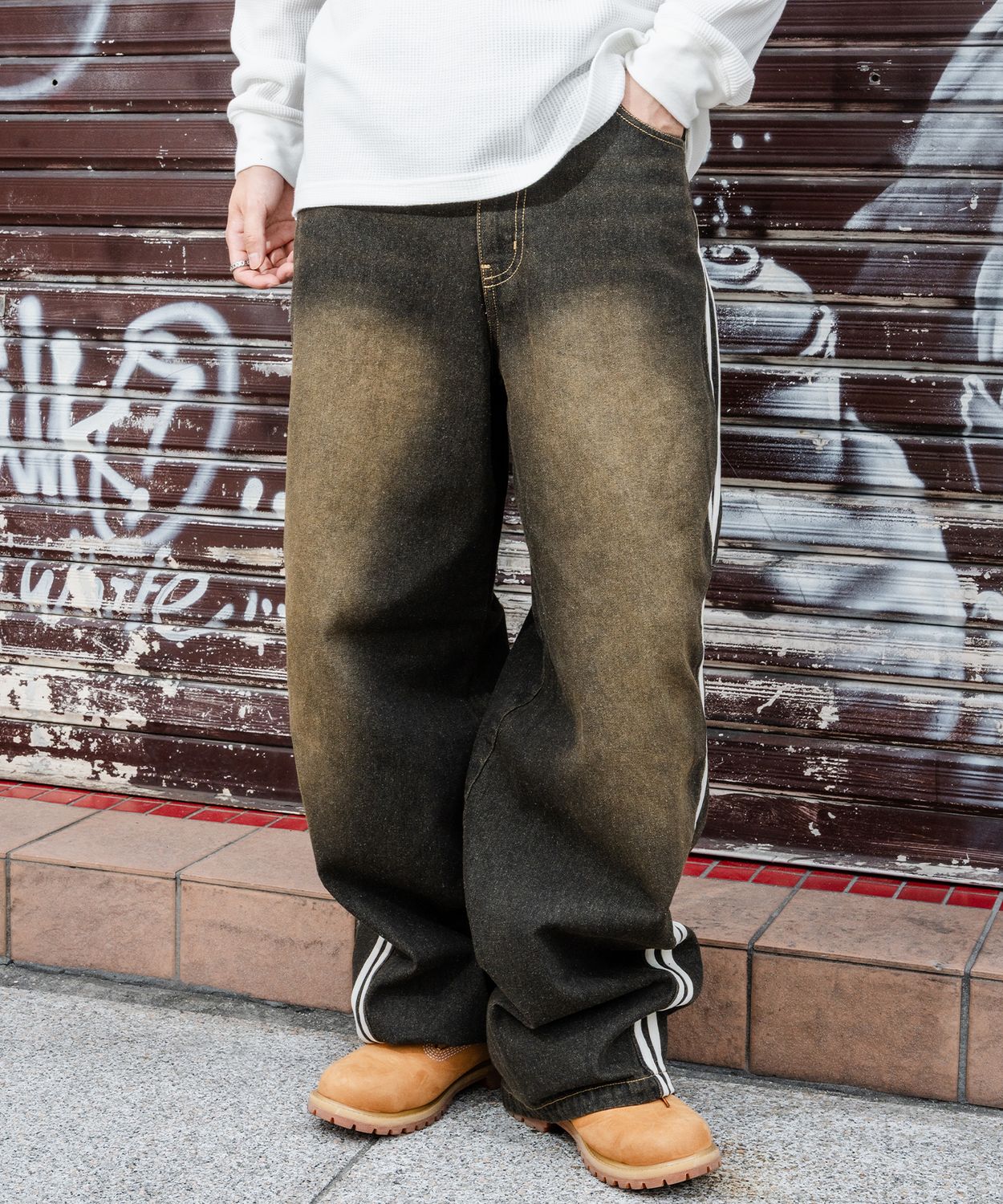 デニムパンツ メンズ サイドライン ワイド ジーンズ ヴィンテージ加工 春 秋 冬 アメカジ ワークスタイル Y2K ストリート 90s ストリート 韓国 | improves | 03