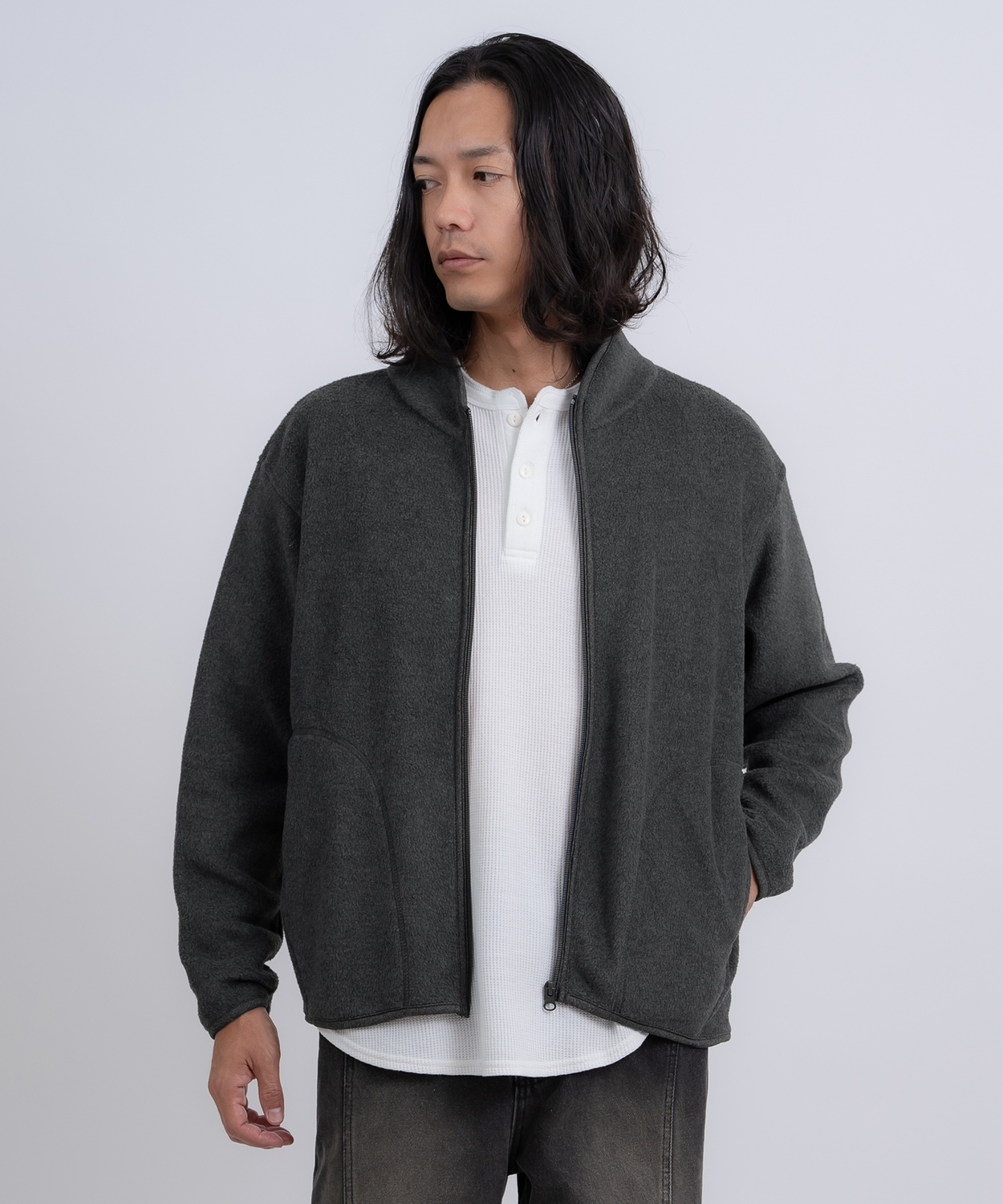 ブルゾン メンズ スタンドカラー フリースジャケット アメカジ カジュアル Y2K ストリート 90s ストリート 韓国ファッション ブラック グレー | improves | 02