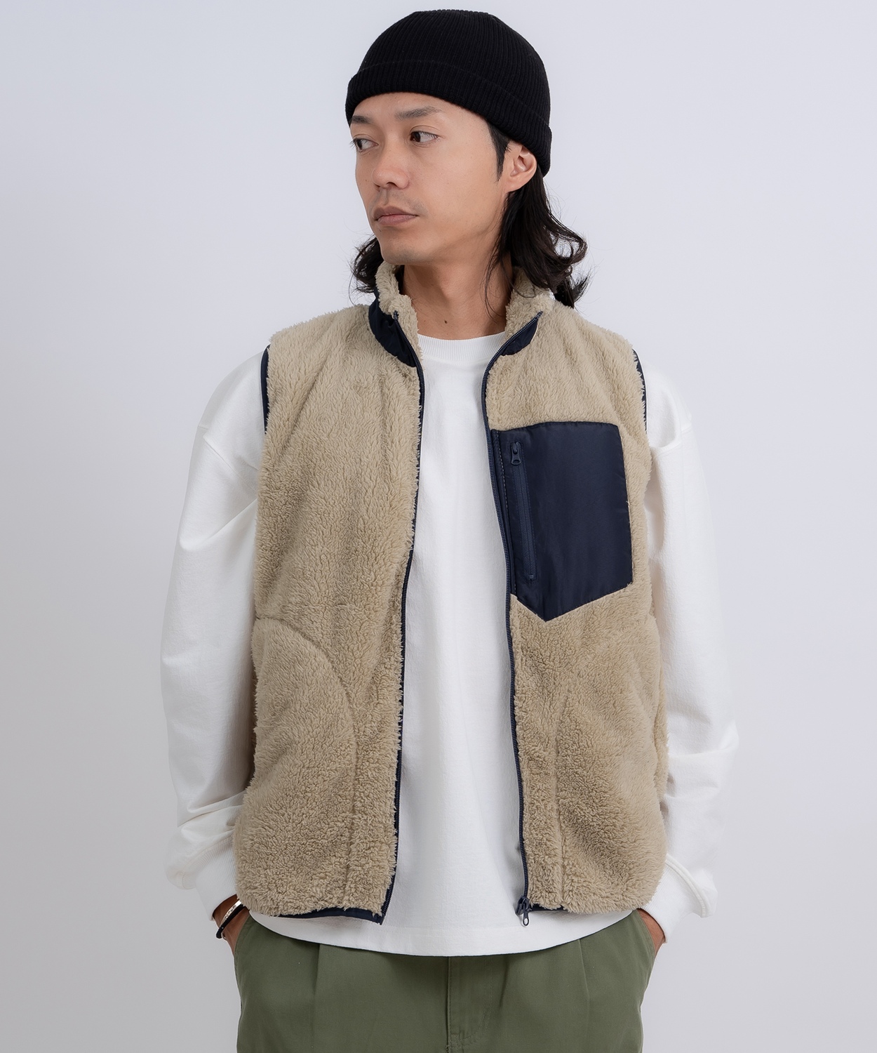 ベスト メンズ スタンドカラー ボアベスト アメカジ カジュアル Y2K ストリート 90s ストリート 韓国ファッション ネイビー カーキ | improves | 01