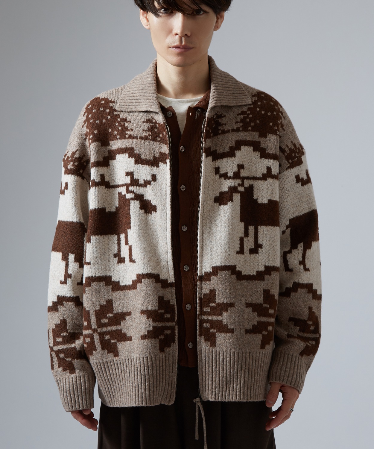 セーター メンズ ノルディック柄 カウチンニット ジップ セーター アメカジ カジュアル ベーシック 大人カジュアル ブラウン ネイビー グレー | improves | 01