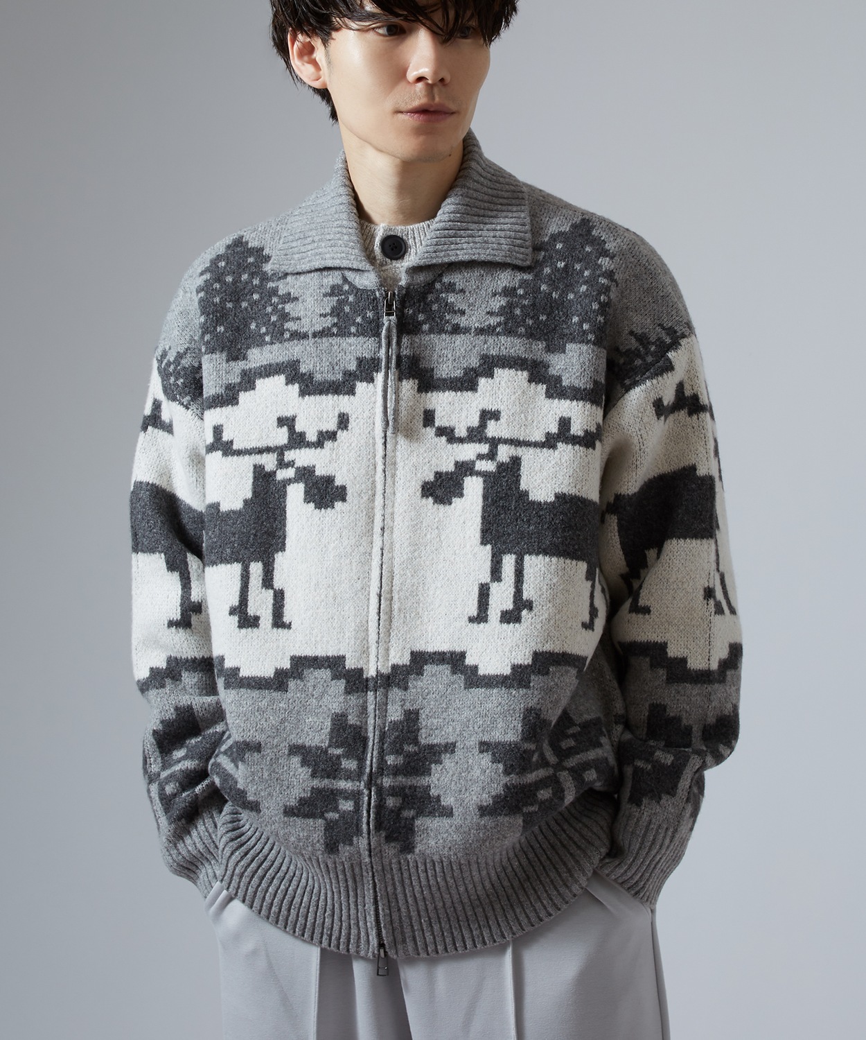 セーター メンズ ノルディック柄 カウチンニット ジップ セーター アメカジ カジュアル ベーシック 大人カジュアル ブラウン ネイビー グレー | improves | 03
