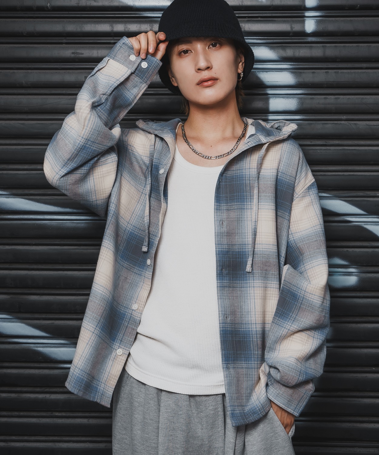 シャツ メンズ チェック柄 シャツパーカー フード付きシャツ フーディー 大きめ アメカジ カジュアル スケーター ストリート Y2K 90s 古着MIX 韓国ファッション | improves | 01