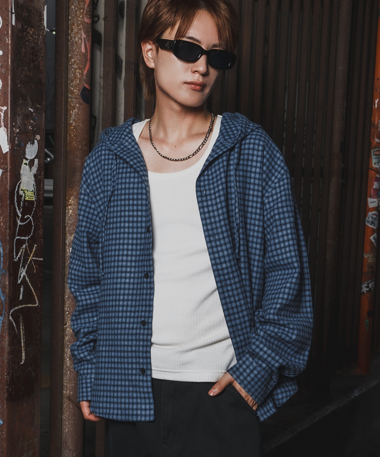 シャツ メンズ チェック柄 シャツパーカー フード付きシャツ フーディー 大きめ アメカジ カジュアル スケーター ストリート Y2K 90s 古着MIX 韓国ファッション | improves | 02