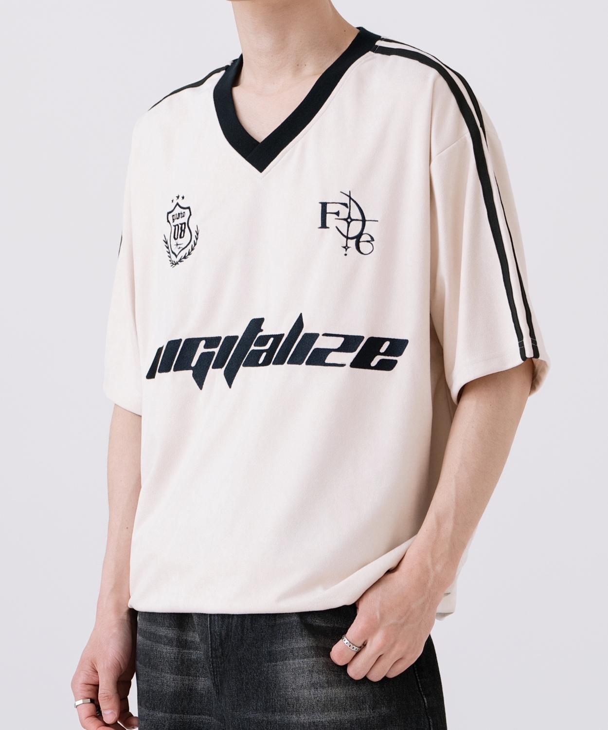 半袖Tシャツ メンズ ライン柄 Vネック ゲームシャツ オーバーサイズ スポーティー カジュアル ストリート 韓国ファッション Y2K ホワイト グレー ピンク | improves | 03
