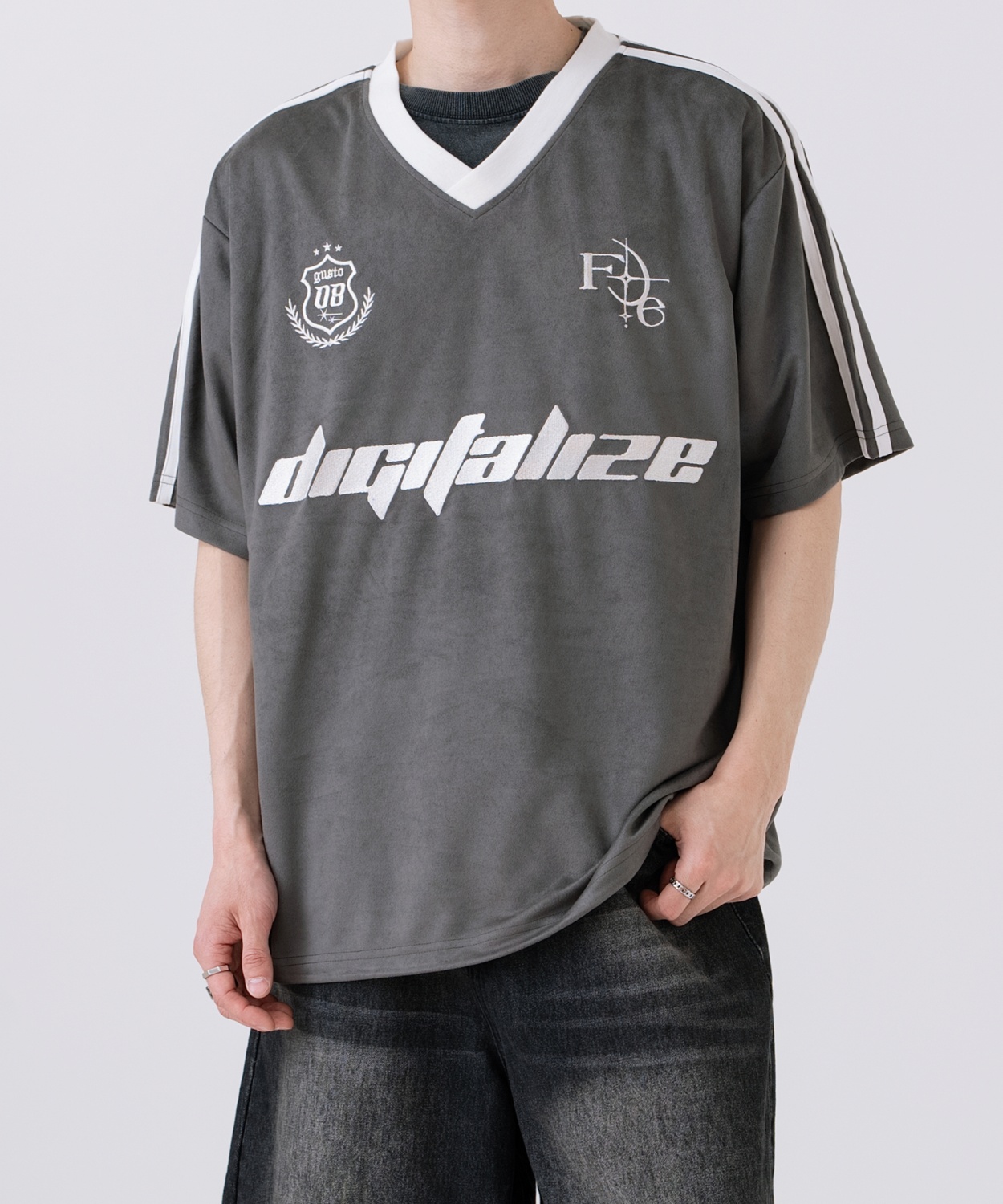 半袖Tシャツ メンズ ライン柄 Vネック ゲームシャツ オーバーサイズ スポーティー カジュアル ストリート 韓国ファッション Y2K ホワイト グレー ピンク | improves | 01