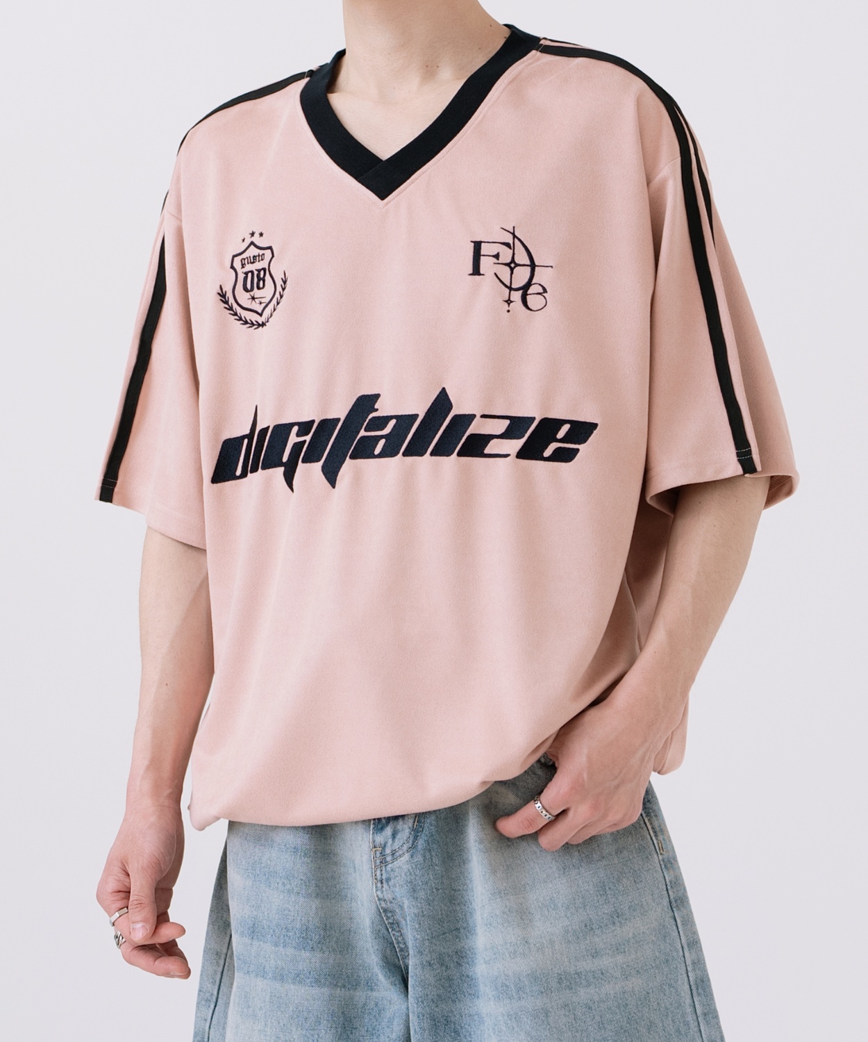 半袖Tシャツ メンズ ライン柄 Vネック ゲームシャツ オーバーサイズ スポーティー カジュアル ストリート 韓国ファッション Y2K ホワイト グレー ピンク | improves | 02