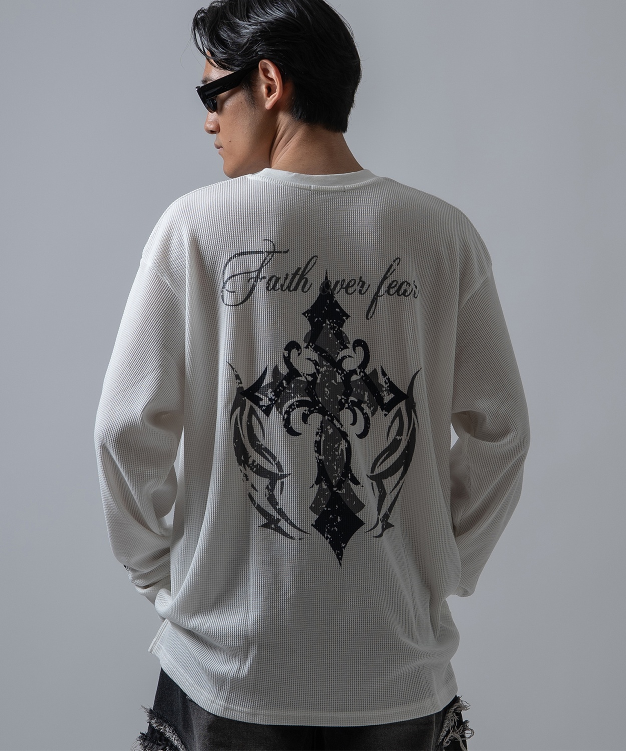 長袖Tシャツ メンズ クロススカル ワッフル ロンTEE アメカジ カジュアル Y2K ストリート 90s ストリート 韓国ファッション | improves | 01