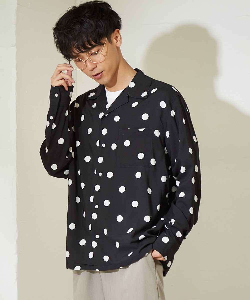 ドット柄 レーヨン 開襟シャツ メンズ 長袖 シャツ オープンカラー