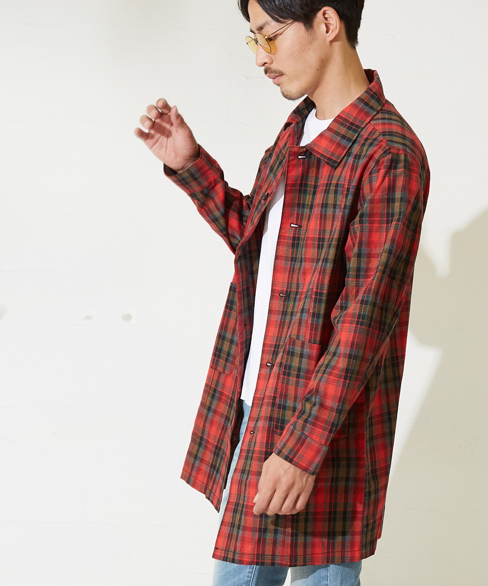 ショップコート メンズ チェックコート ロングコート ステンカラーコート チェスターコート ロング丈 ジャケット レッド 韓国 Improves Improves インプローブス 通販 Yahoo ショッピング