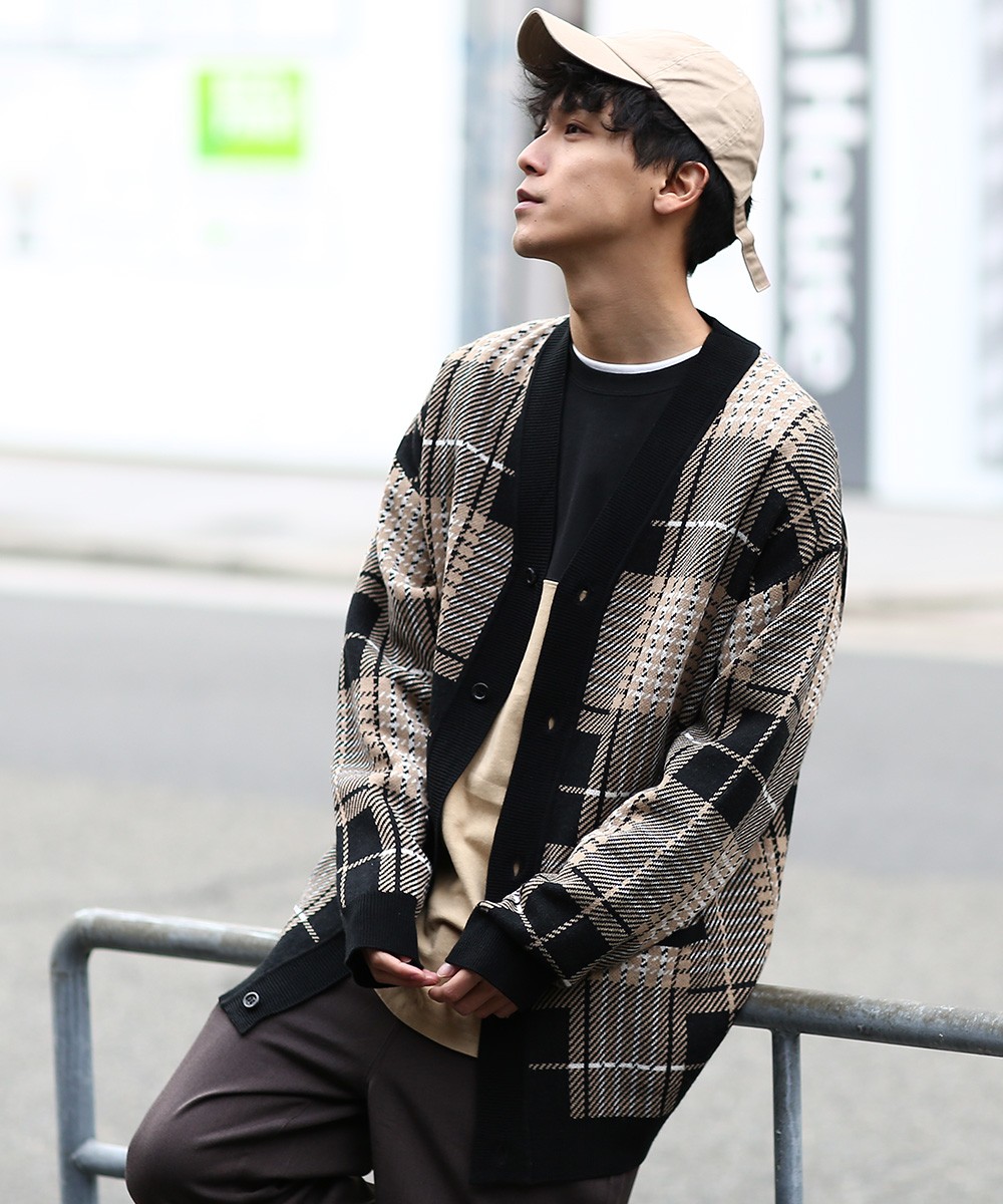 ニット カーディガン メンズ チェック柄 ロングカーディガン ニットカーディガン Vネック 長袖 ジャガードニット ベージュ 赤 Improves Improves インプローブス 通販 Yahoo ショッピング