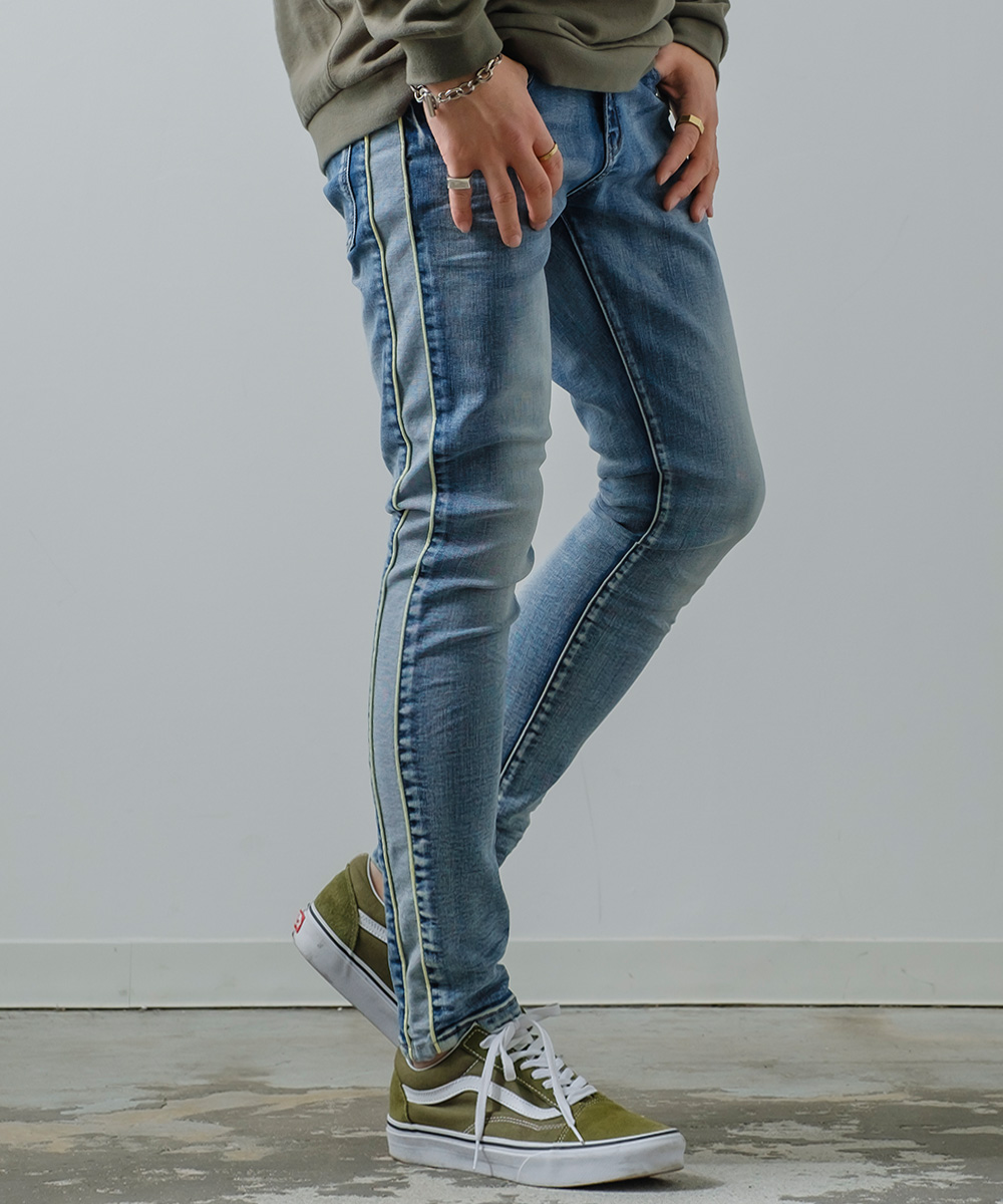 デニム メンズ サイドライン ネオン スリム スキニー 青 ビンテージ風 ビンテージ加工 アンクル丈 アンクルデニム ラインパンツ スキニーデニム a Improves インプローブス 通販 Yahoo ショッピング