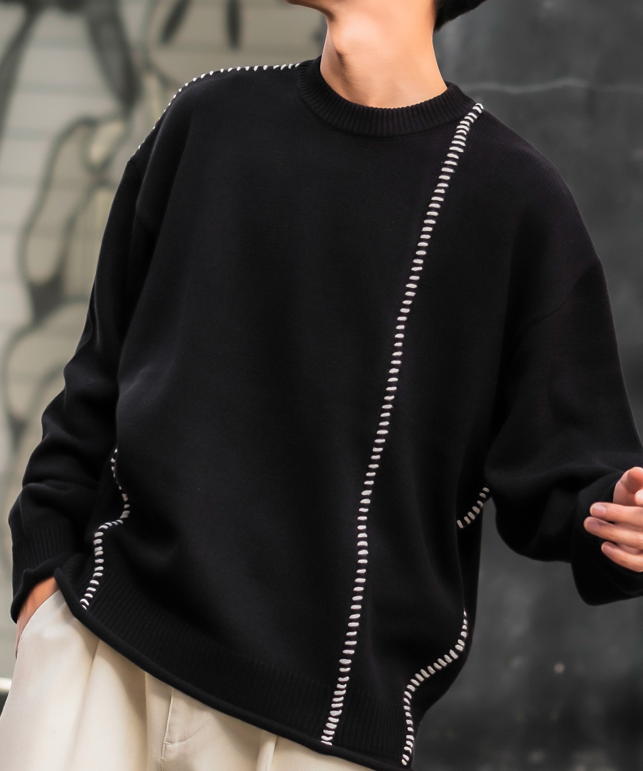 ニットセーター メンズ ハンドステッチ クルーネック ニット オーバーサイズ 大きめ 大きいサイズ カジュアル シンプル ナチュラル ノームコア 韓国ファッション｜improves｜02