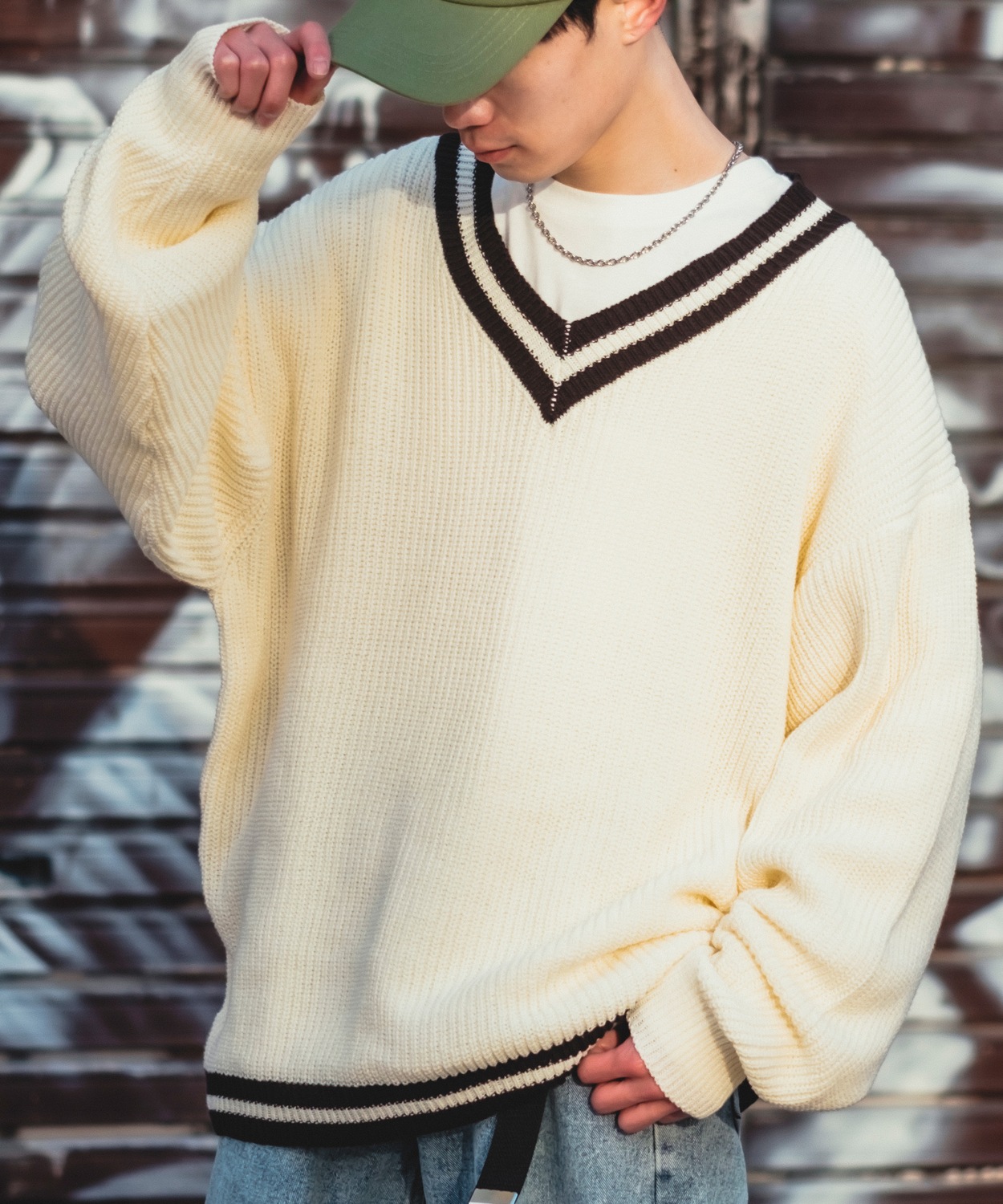 ニットセーター メンズ NULL ヌル チルデン Vネック ライン テニス ニット ビッグサイズ オーバーサイズ 大きめ アメカジ カジュアル ストリート 韓国 | improves | 01