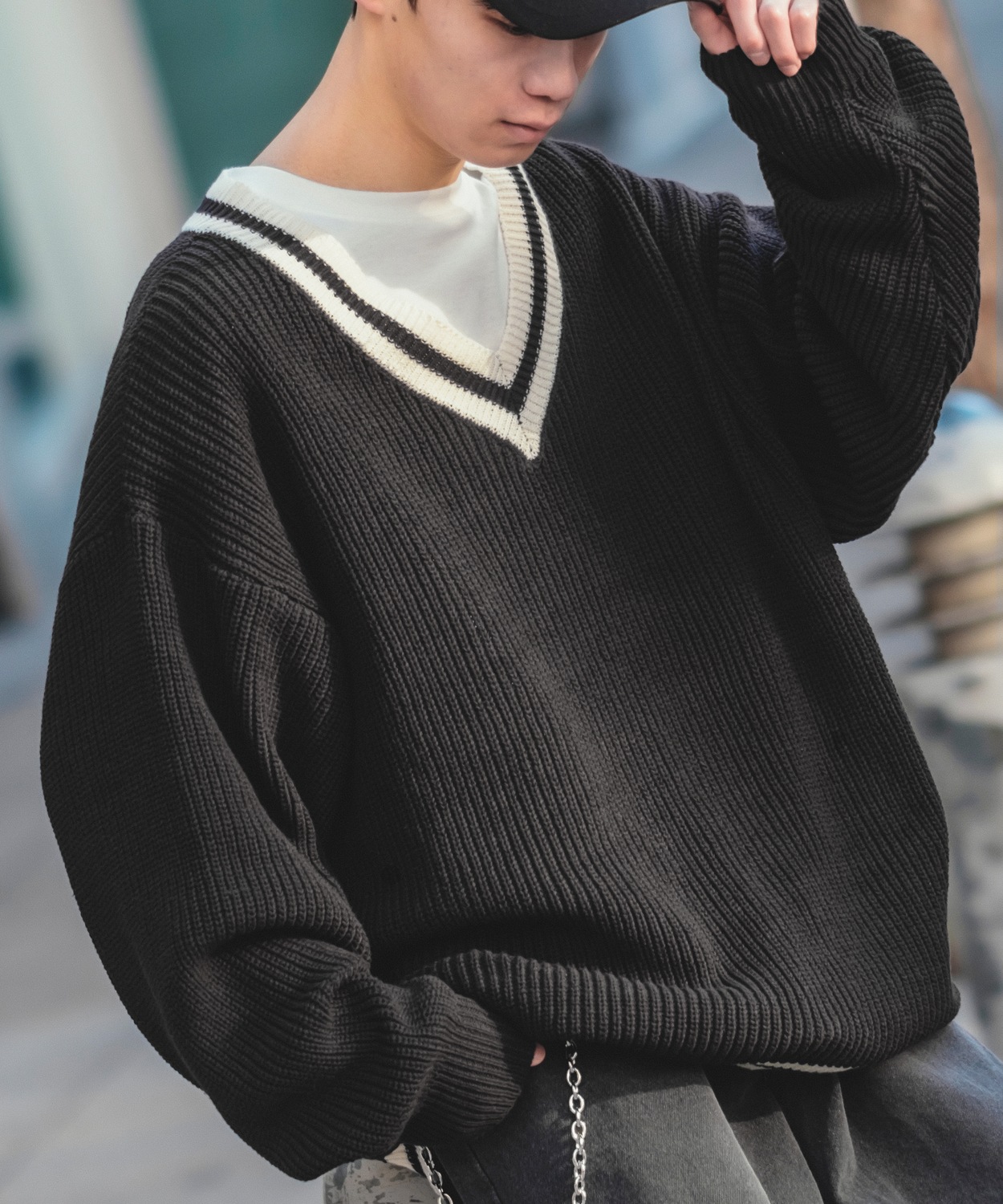 ニットセーター メンズ NULL ヌル チルデン Vネック ライン テニス ニット ビッグサイズ オーバーサイズ 大きめ アメカジ カジュアル ストリート 韓国 | improves | 02