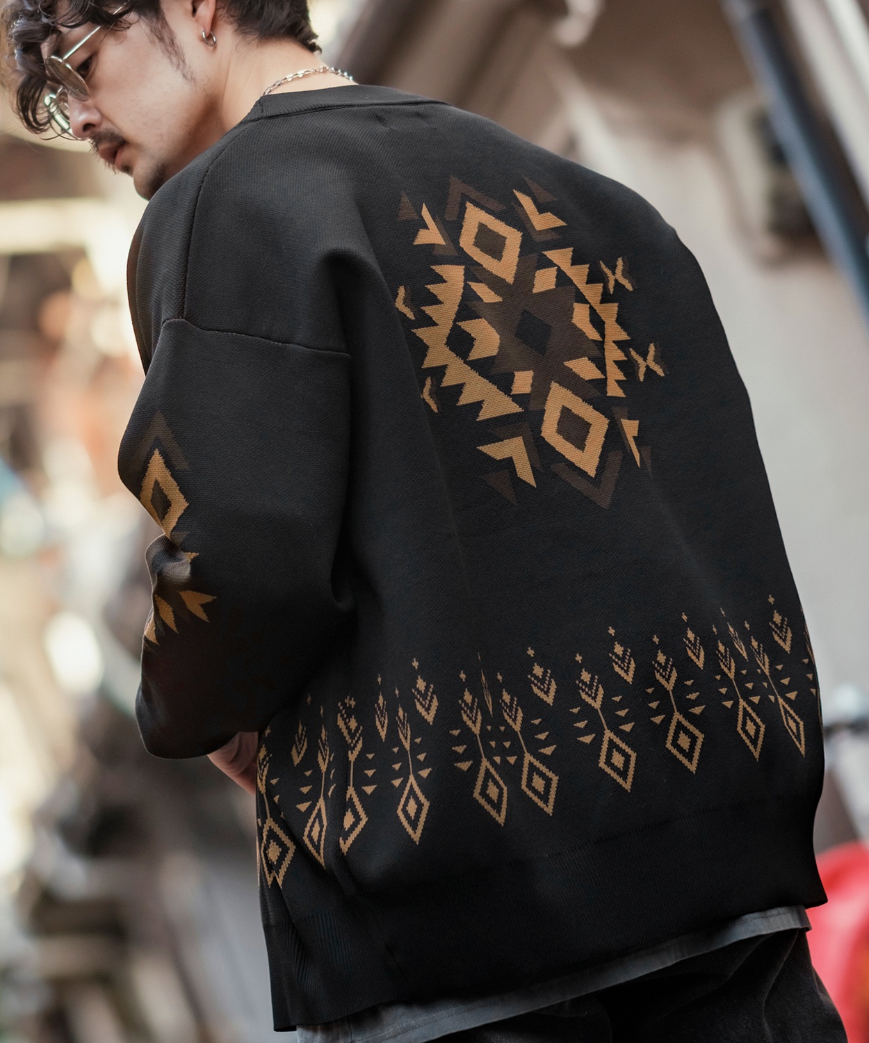 カーディガン メンズ  NULL ヌル ネイティブ柄 ニット Vネック ビッグサイズ オーバーサイズ 大きめ アメカジ カジュアル ストリート 韓国 | improves | 01