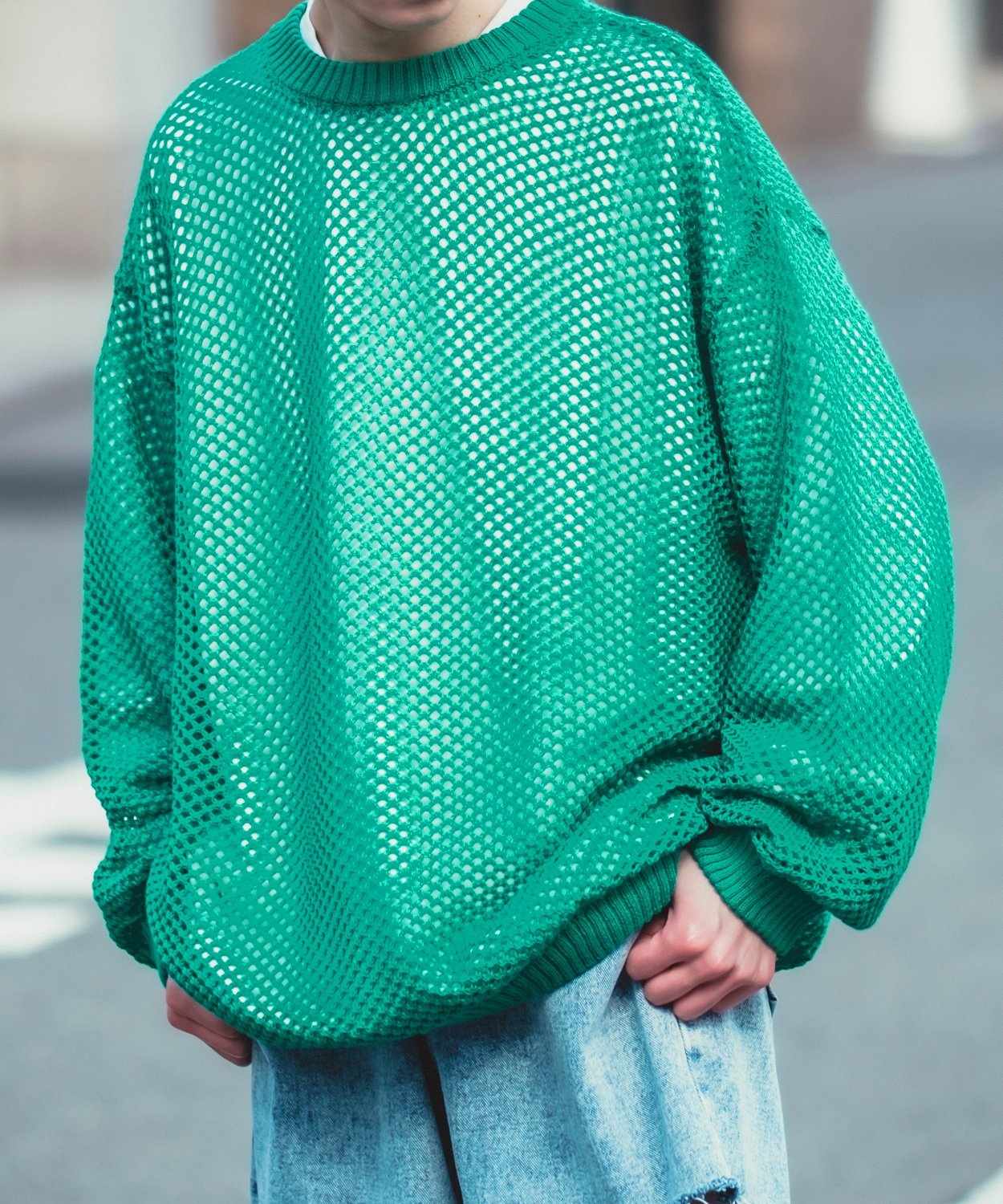 クルーネックニット メンズ NULL ヌル 透かし編み レース編み メッシュ ビッグサイズ オーバーサイズ きれいめ カジュアル シンプル ノームコア ナチュラル | improves | 02